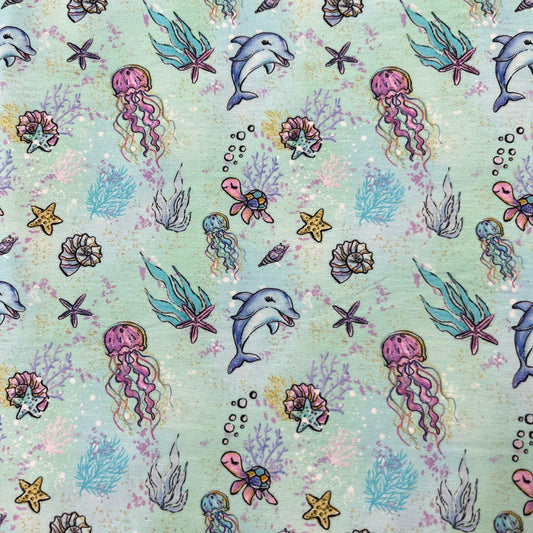 Sea Life on Mint Bamboo/Spandex Jersey Fabric - Nature's Fabrics