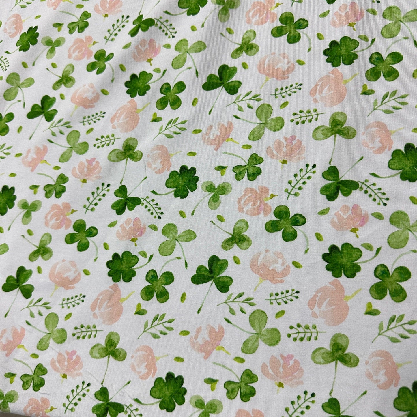 Shamrock and Flowers on White Bamboo/Spandex Jersey Fabric - Nature's Fabrics