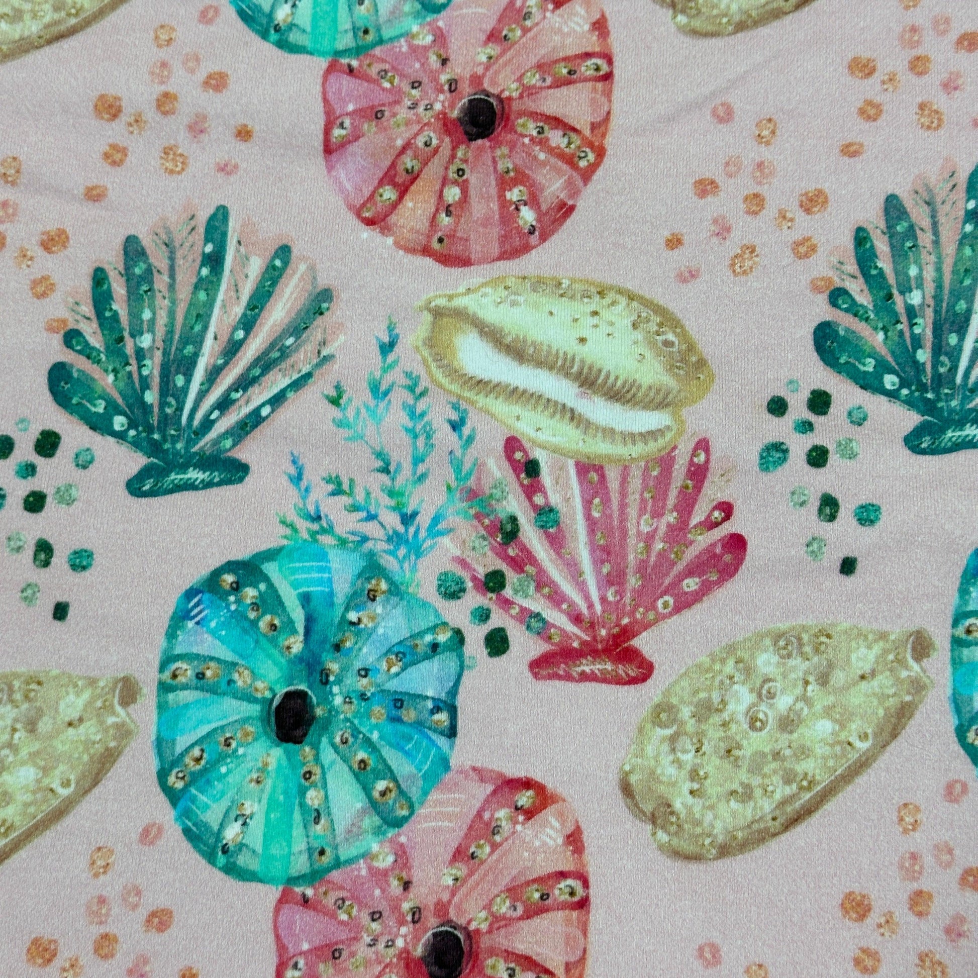 Shells on Pink Cotton/Spandex Jersey Fabric - Nature's Fabrics