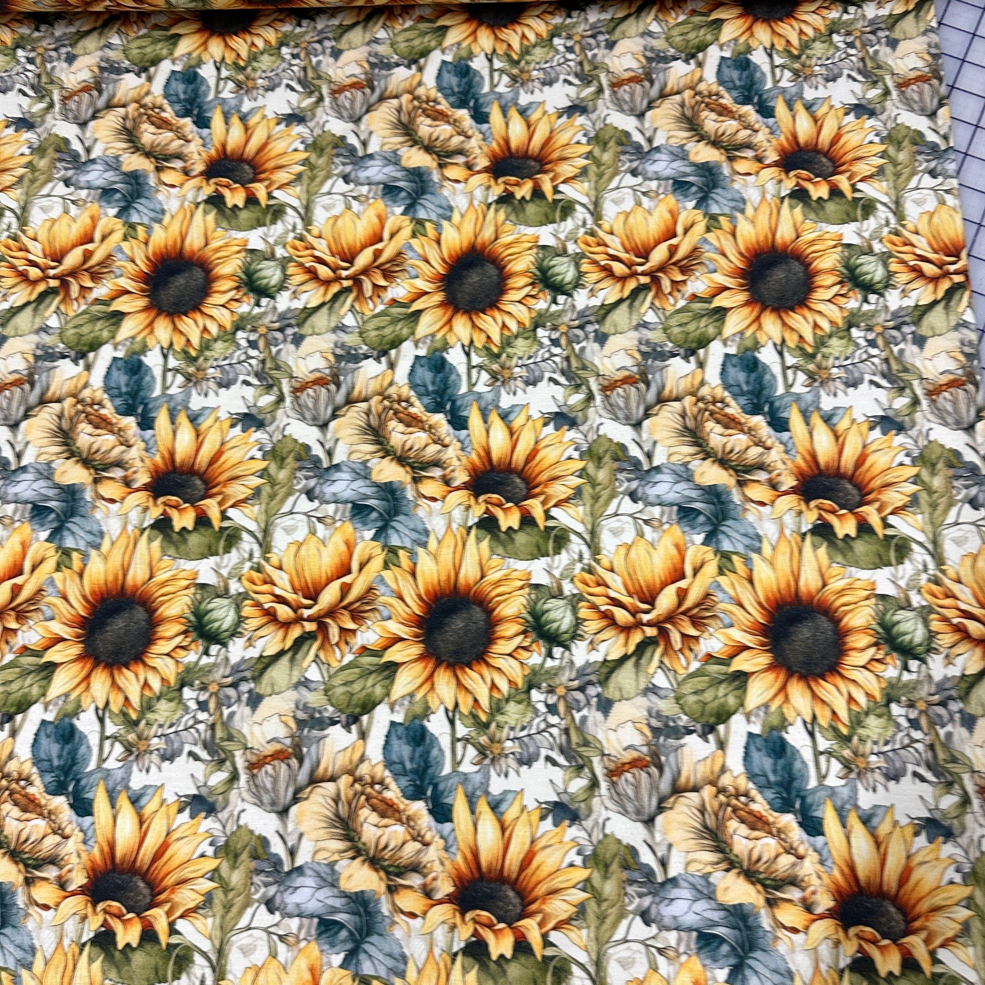 Sketched Sunflowers on Bamboo/Spandex Jersey Fabric - Nature's Fabrics
