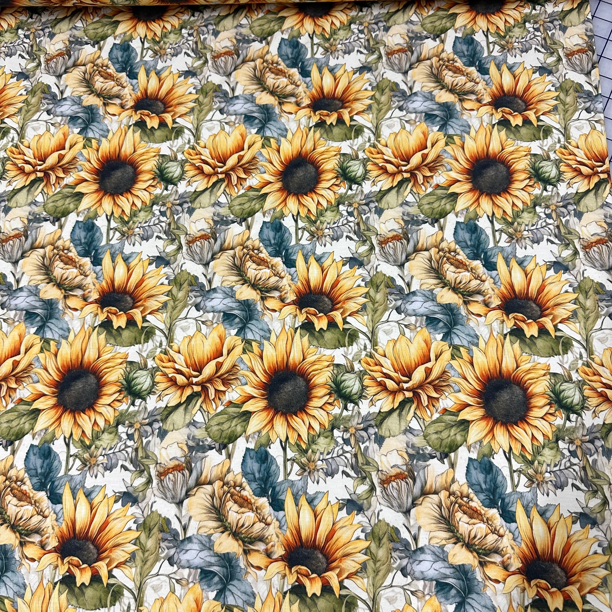 Sketched Sunflowers on Bamboo/Spandex Jersey Fabric - Nature's Fabrics