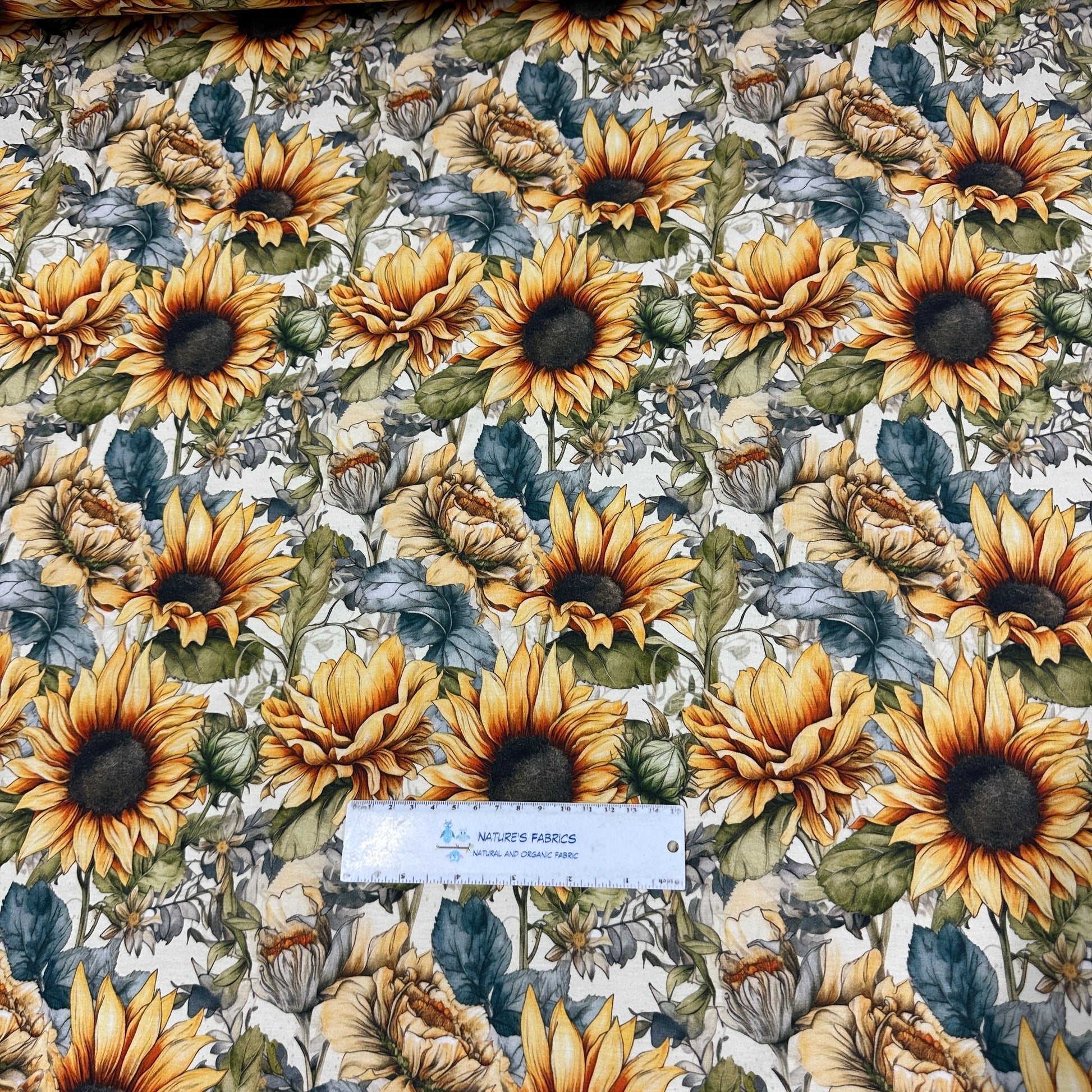 Sketched Sunflowers on Bamboo/Spandex Jersey Fabric - Nature's Fabrics