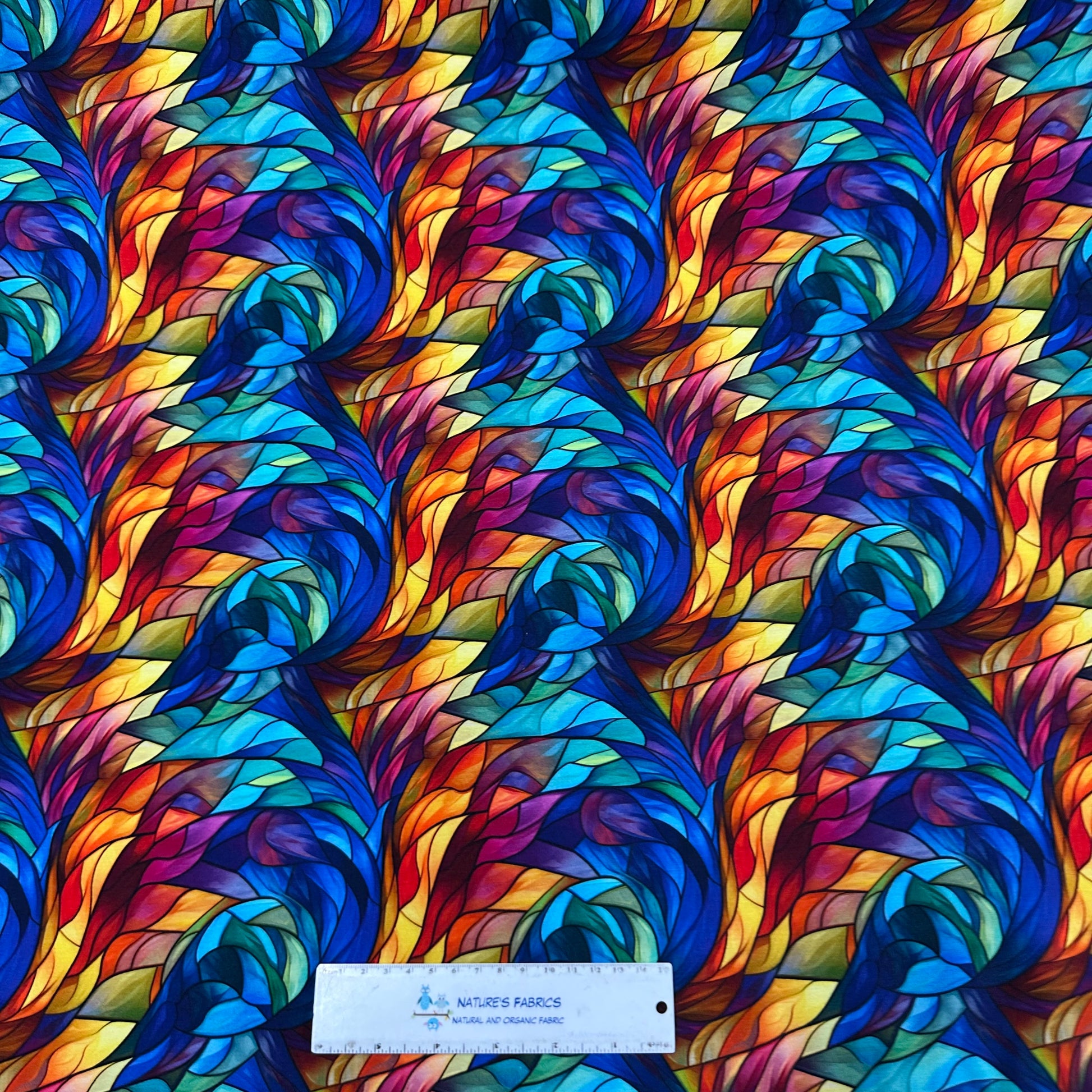 Stained Glass Feathers on Bamboo/Spandex Jersey Fabric - Nature's Fabrics