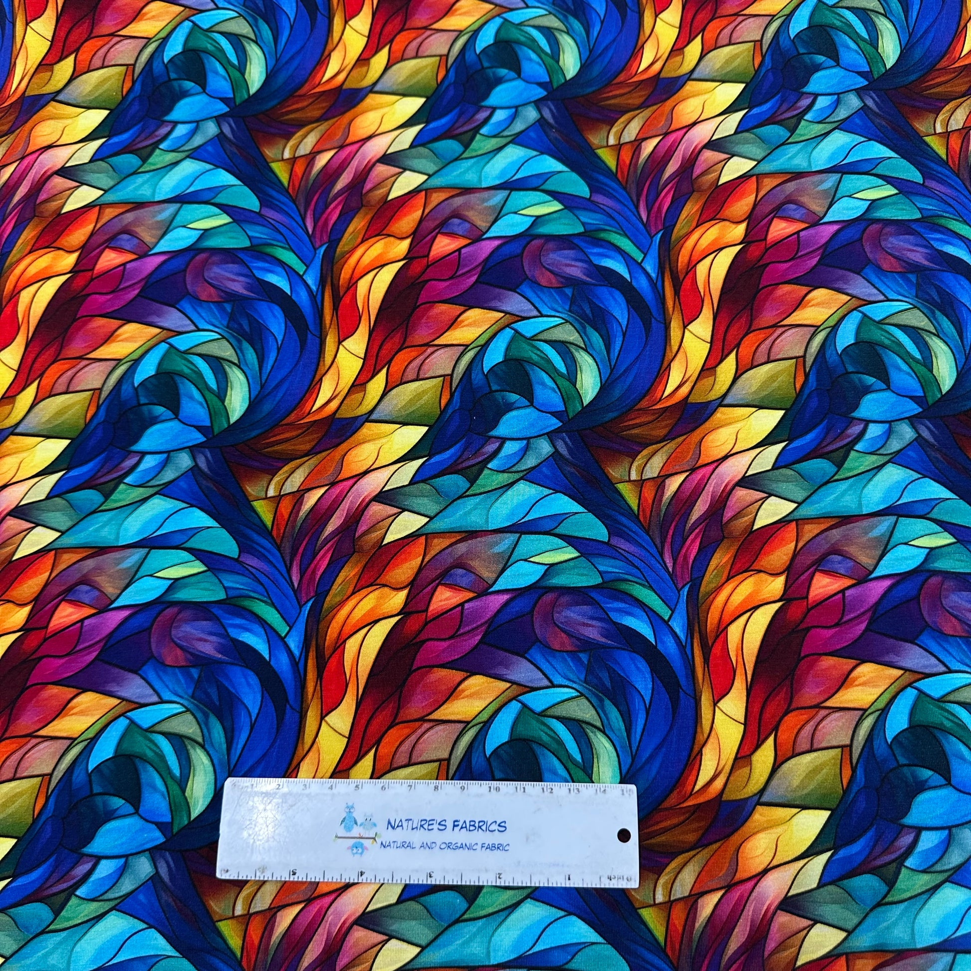 Stained Glass Feathers on Bamboo/Spandex Jersey Fabric - Nature's Fabrics