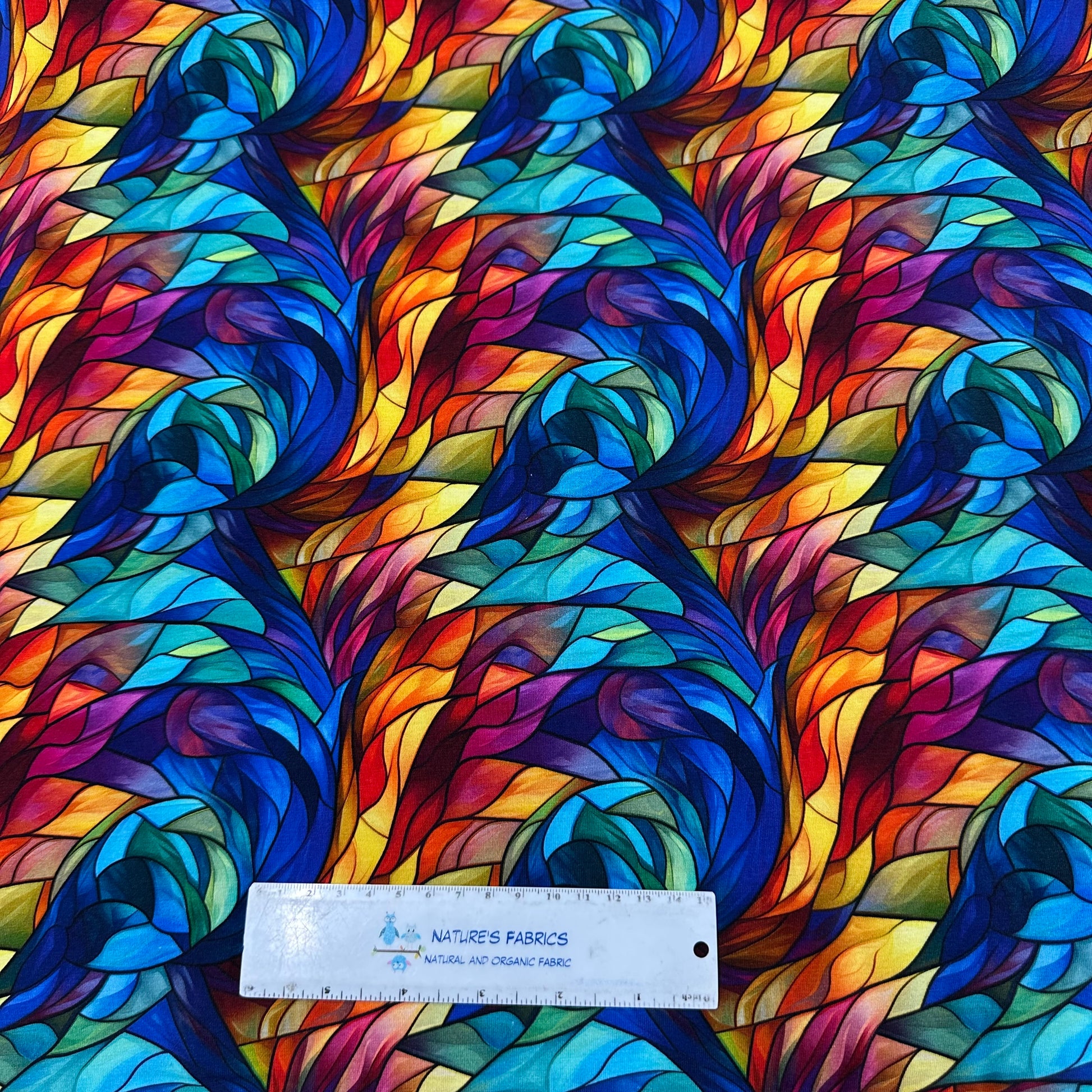 Stained Glass Feathers on Bamboo/Spandex Jersey Fabric - Nature's Fabrics