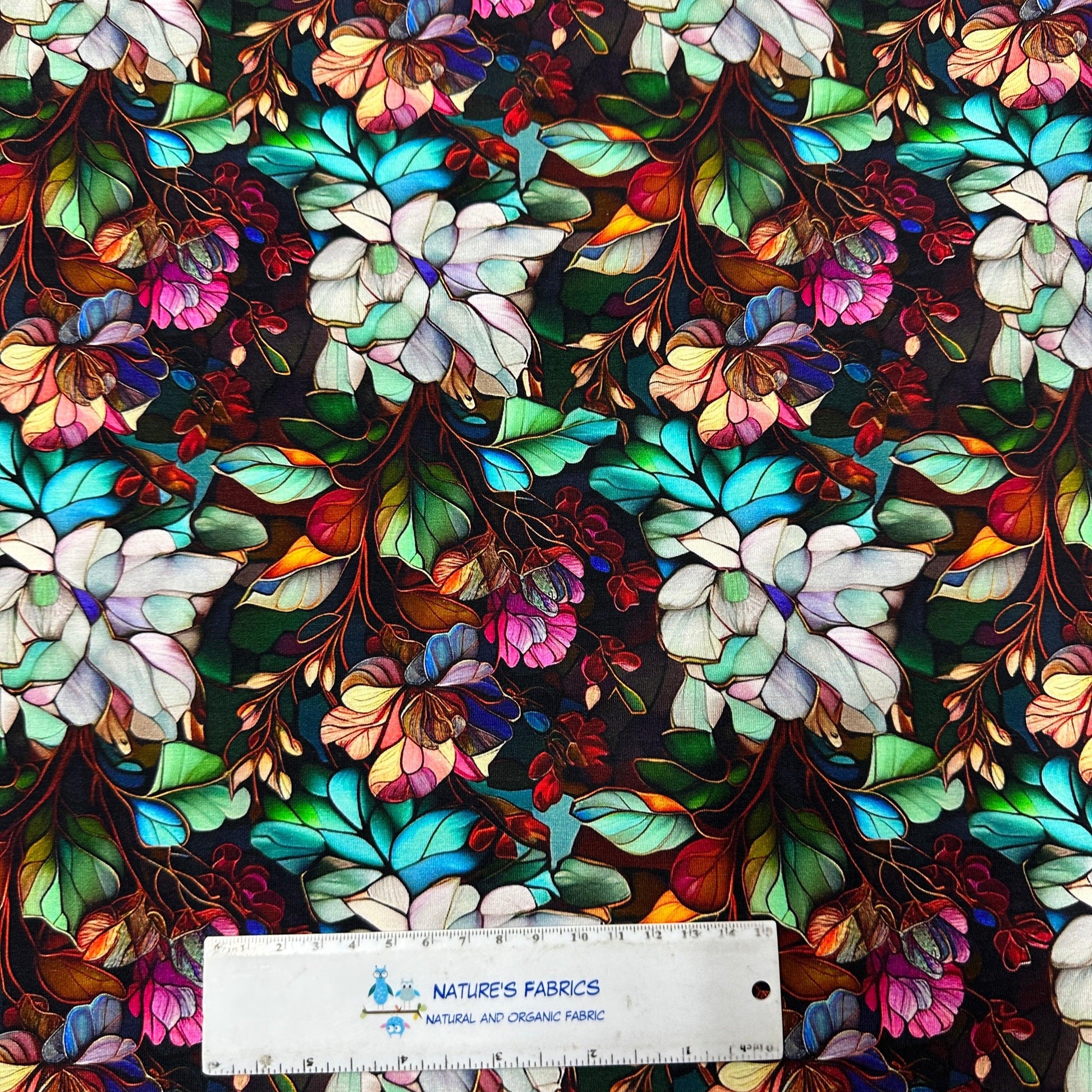 Stained Glass Floral on Organic Cotton/Spandex Jersey Fabric - Nature's Fabrics