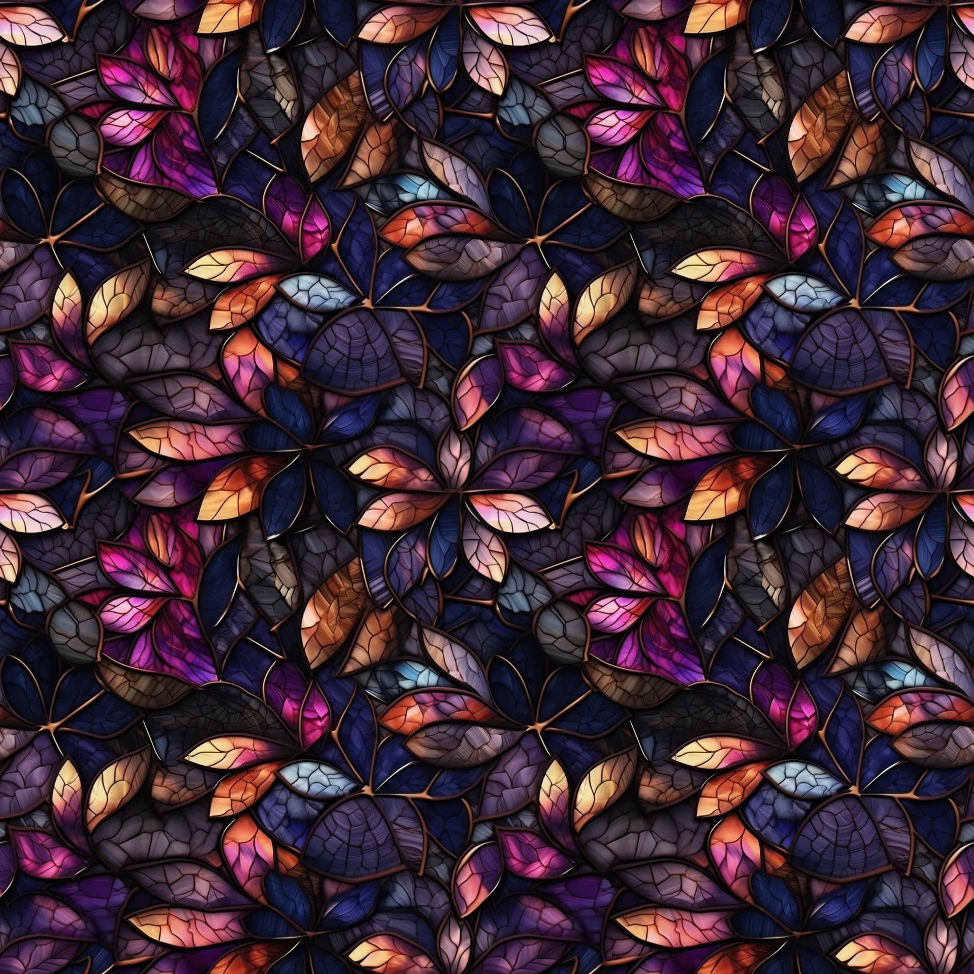 Stained Glass Jewel Tone Leaves on Bamboo Stretch French Terry Fabric - Nature's Fabrics