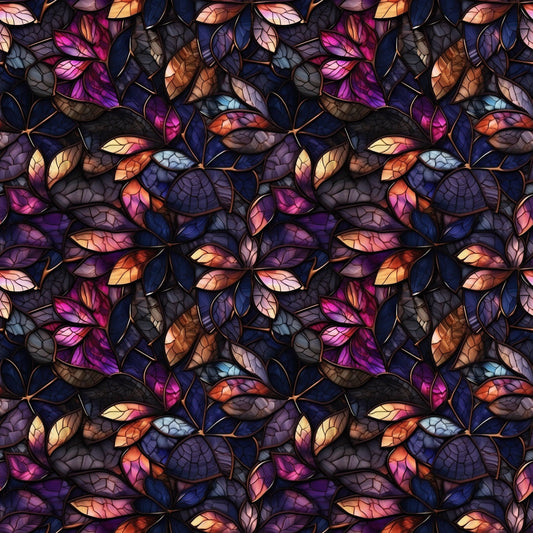 Stained Glass Jewel Tone Leaves on Bamboo/Spandex Jersey Fabric - Nature's Fabrics
