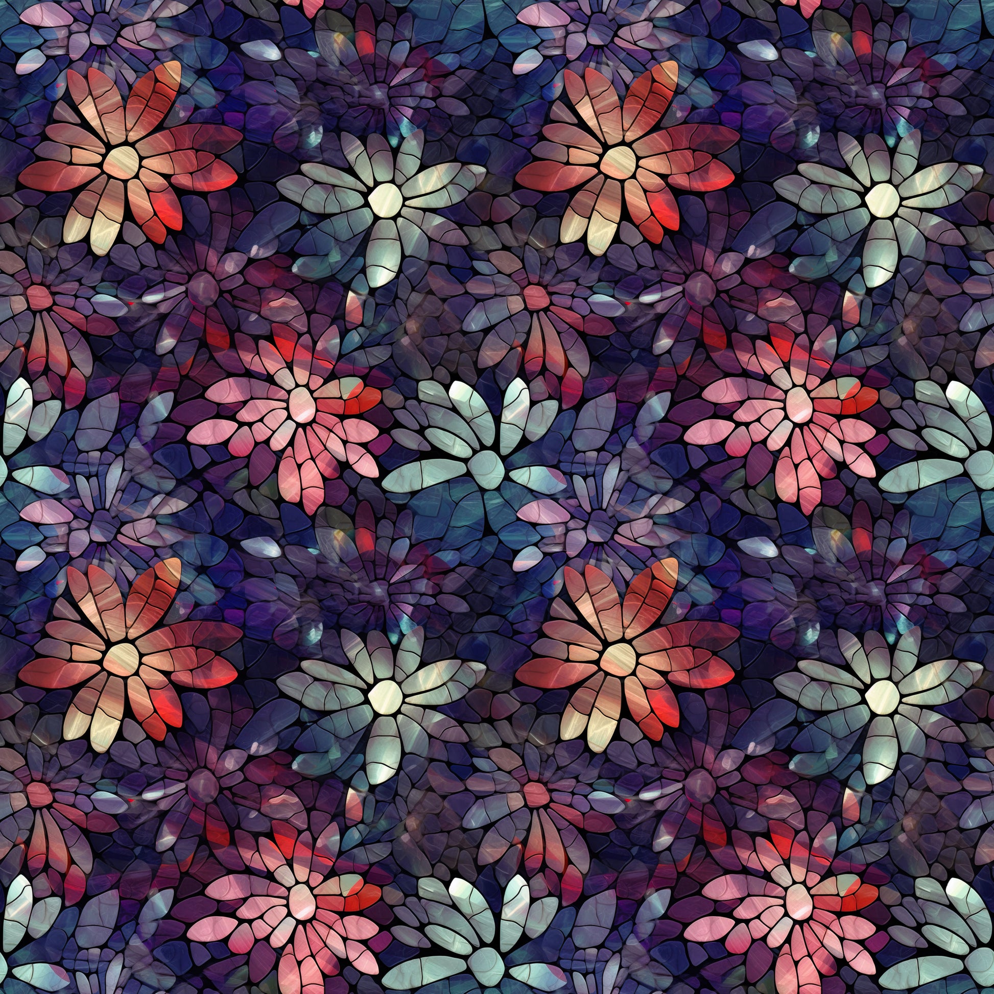 Stained Glass Pink, Purple and Mint Flowers on Bamboo Stretch French Terry Fabric - Nature's Fabrics