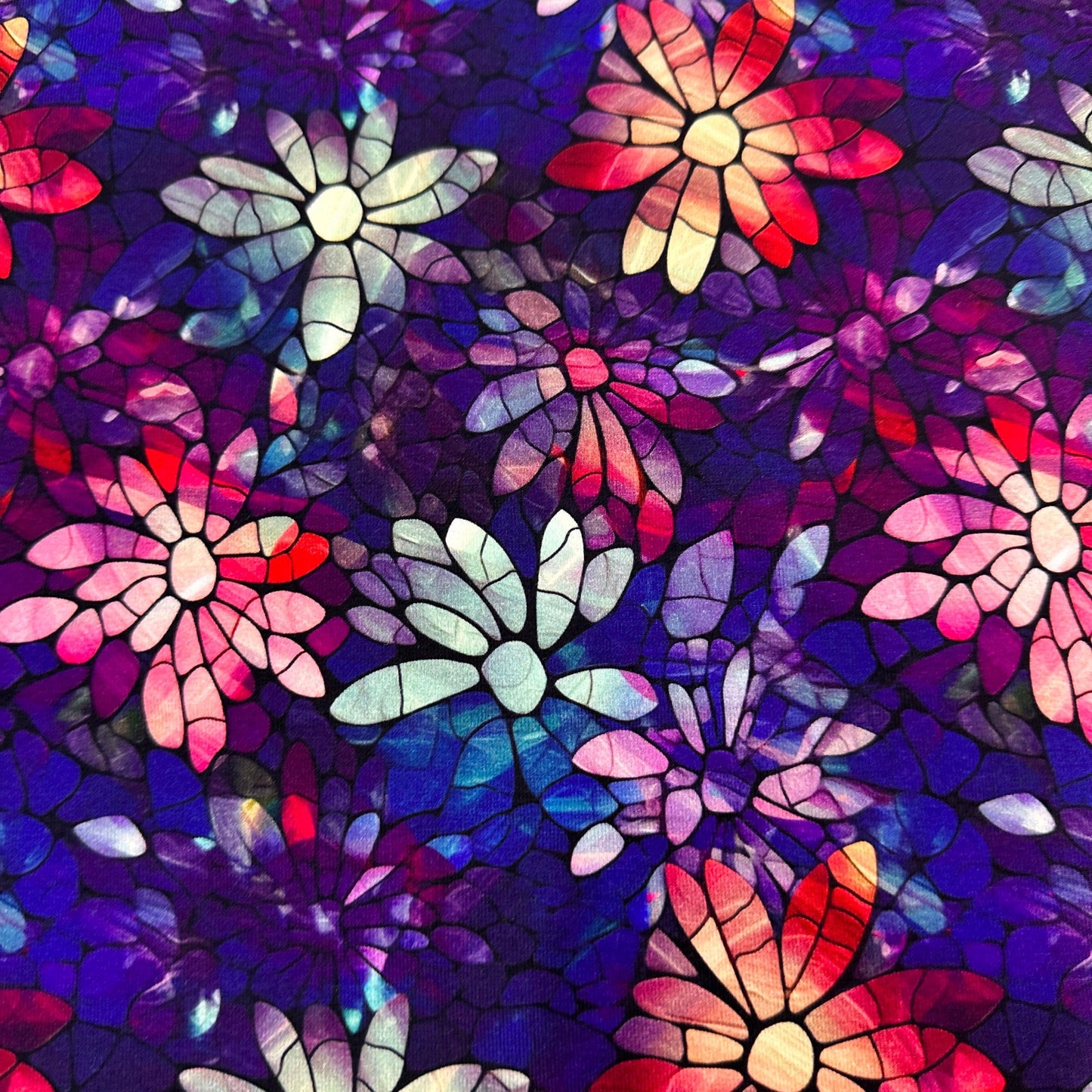 Stained Glass Pink, Purple and Mint Flowers on Bamboo/Spandex Jersey Fabric - Nature's Fabrics