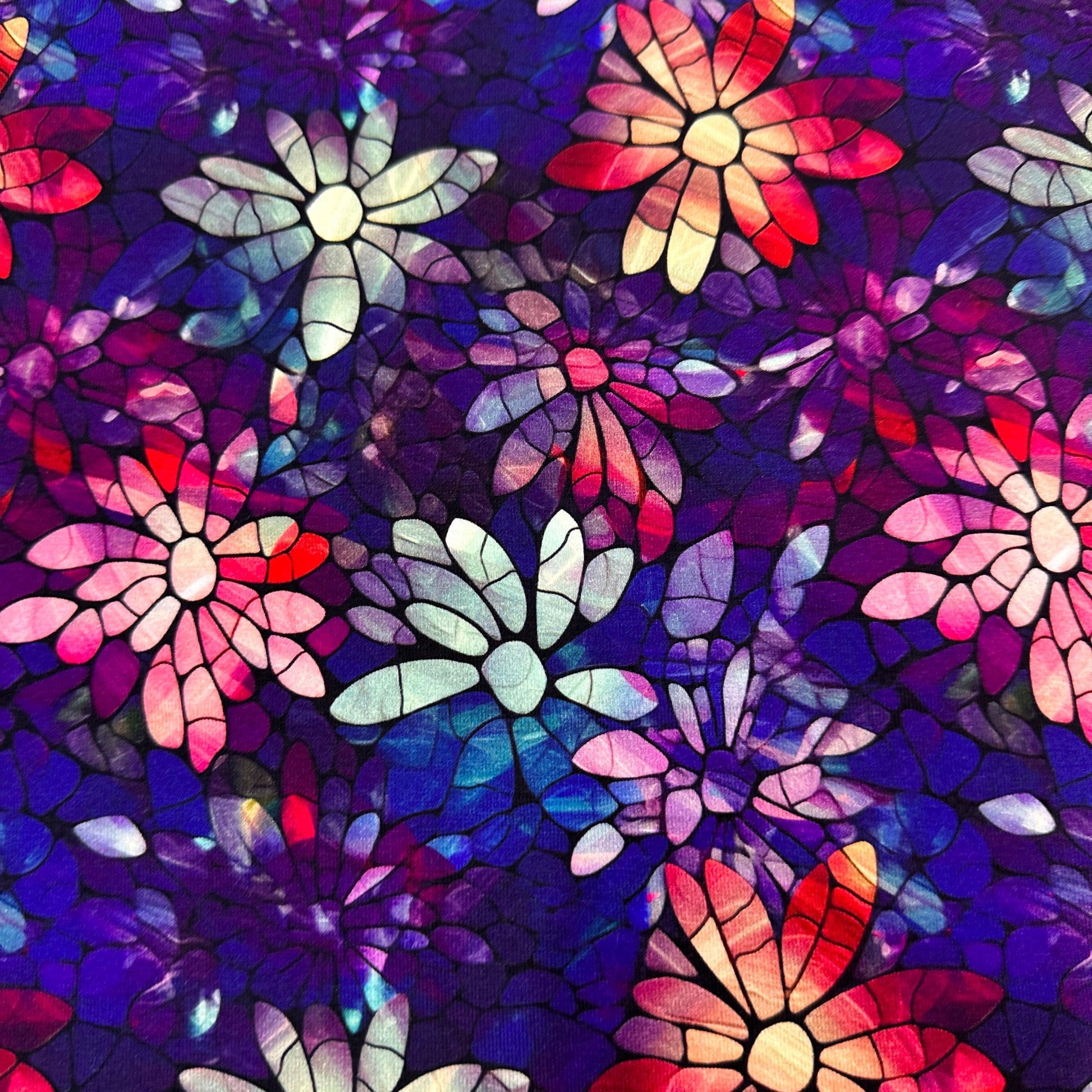 Stained Glass Pink, Purple and Mint Flowers on Bamboo/Spandex Jersey Fabric - Nature's Fabrics