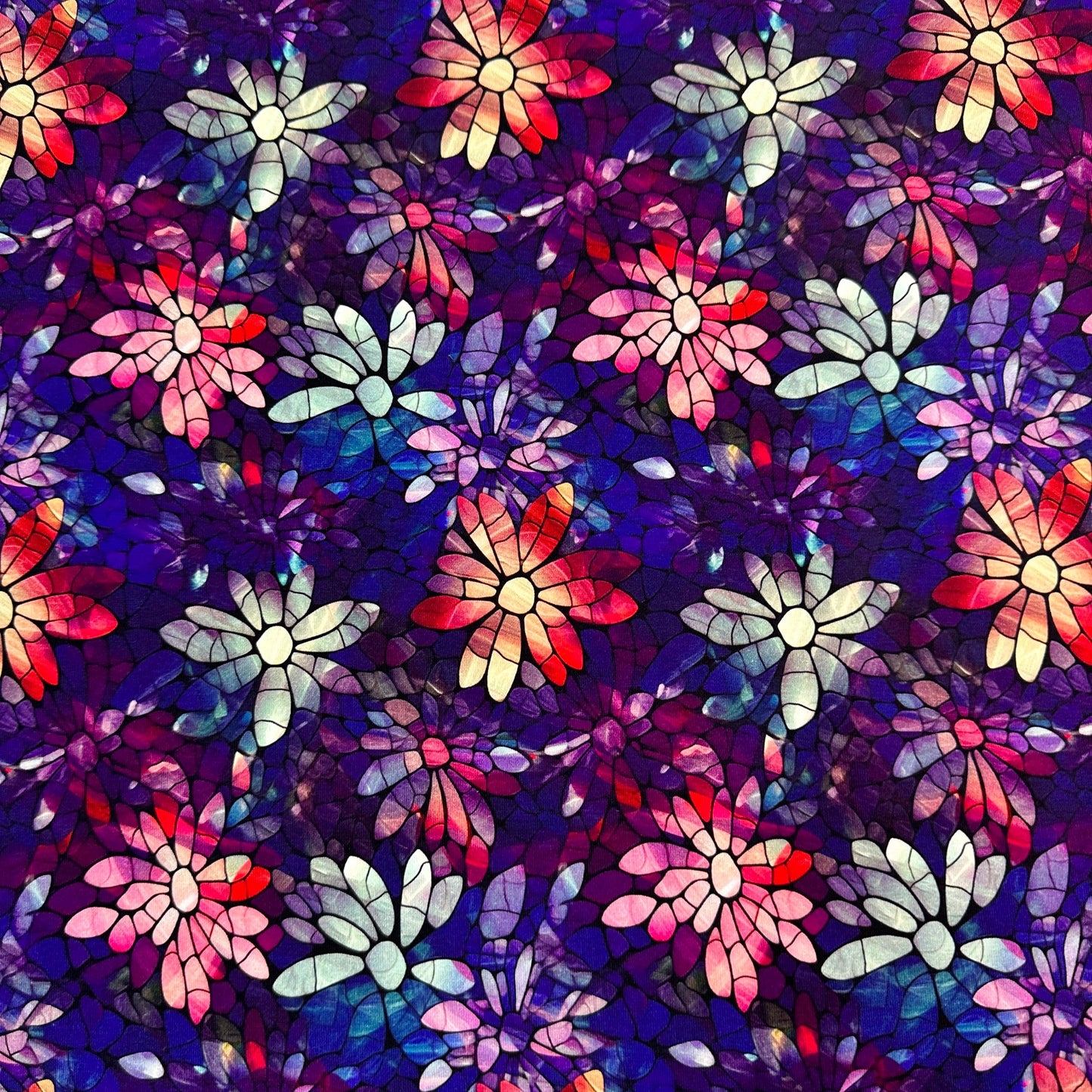 Stained Glass Pink, Purple and Mint Flowers on Organic Cotton/Spandex Jersey Fabric - Nature's Fabrics