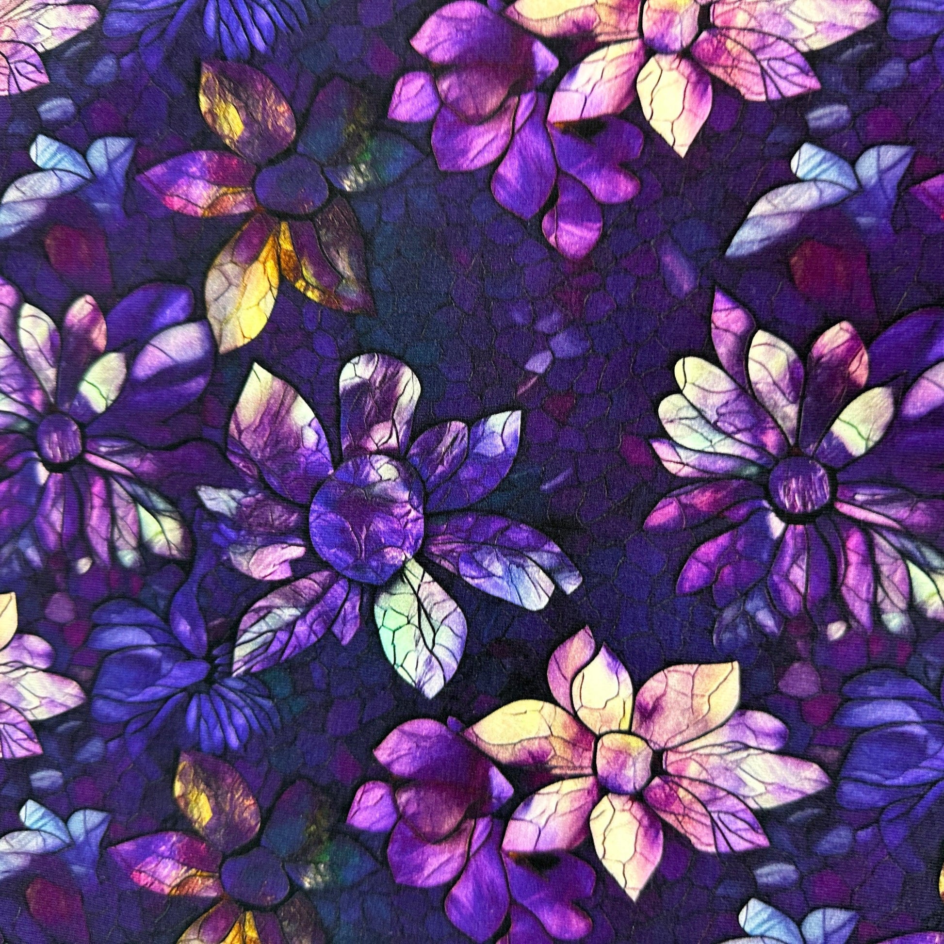 Stained Glass Purple Flowers on Bamboo/Spandex Jersey Fabric - Nature's Fabrics