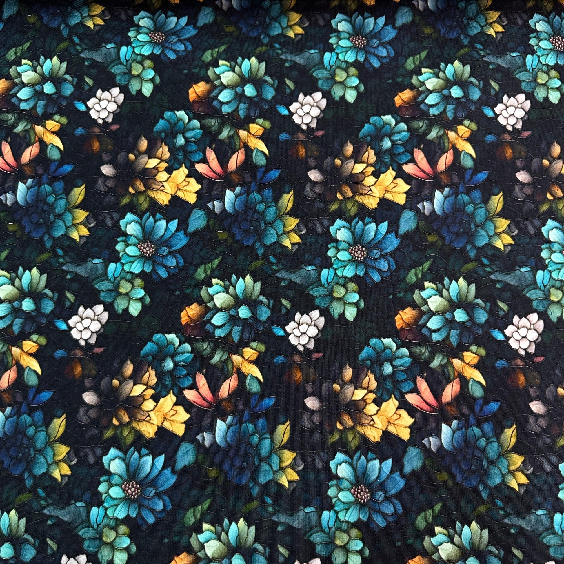 Stained Glass Teal and Gold Flowers on Organic Cotton/Spandex Jersey Fabric - Nature's Fabrics
