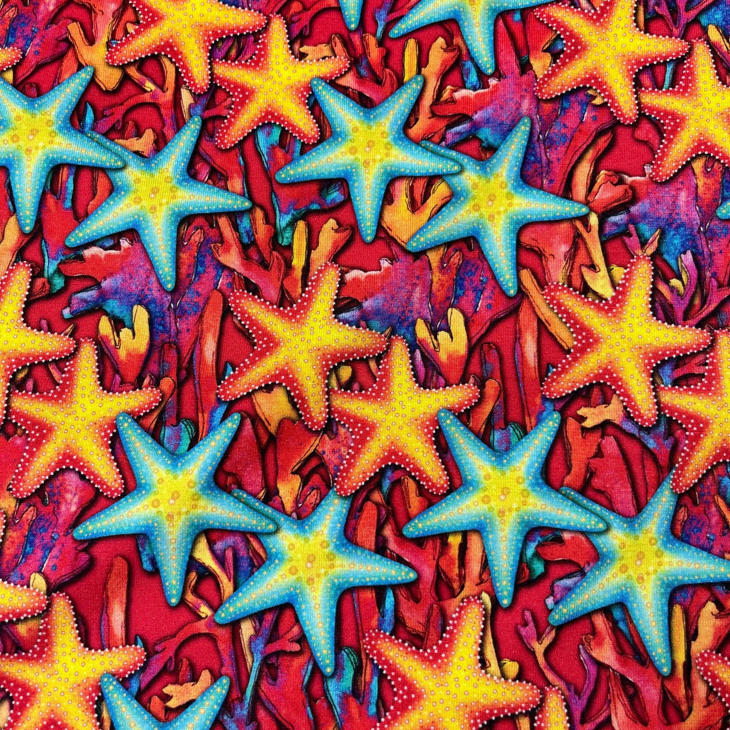 Starfish on Red Bamboo/Spandex Jersey Fabric - Nature's Fabrics