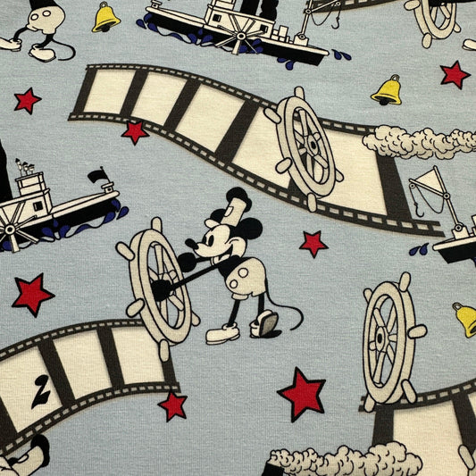 Steamboat Willie on Blue Bamboo/Spandex Jersey Fabric - Nature's Fabrics