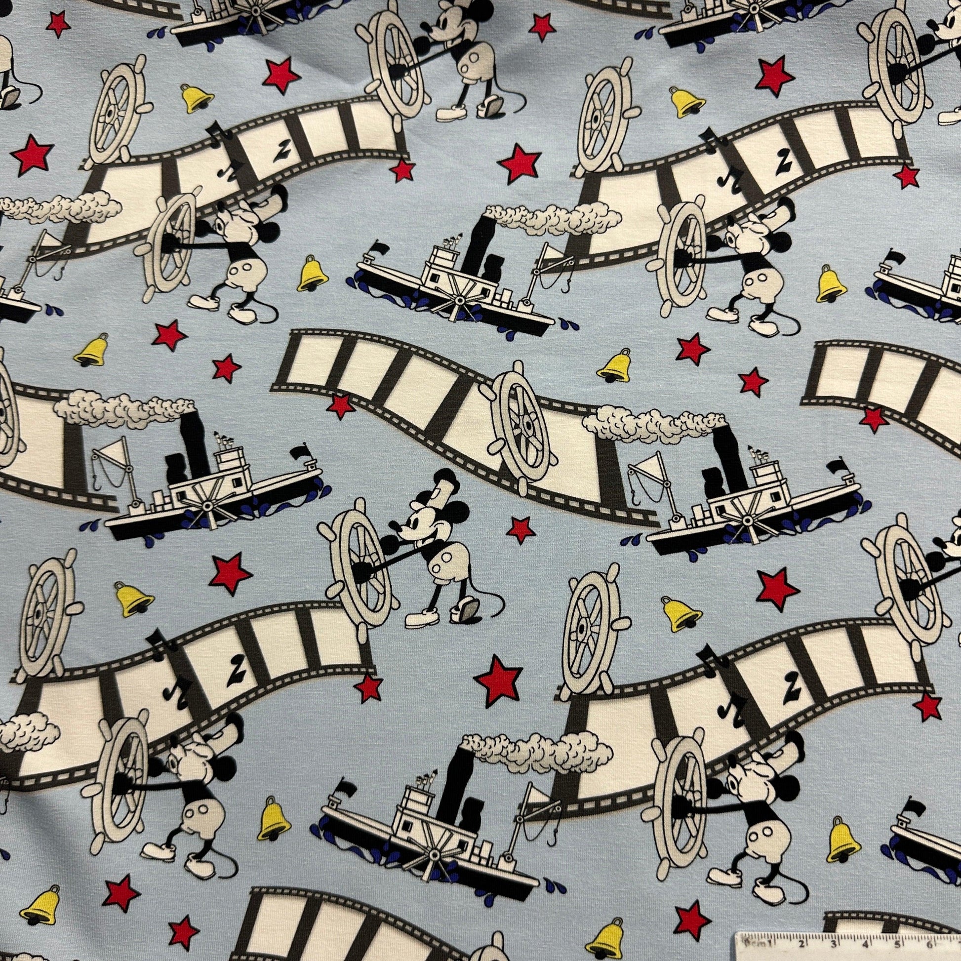 Steamboat Willie on Blue Bamboo/Spandex Jersey Fabric - Nature's Fabrics