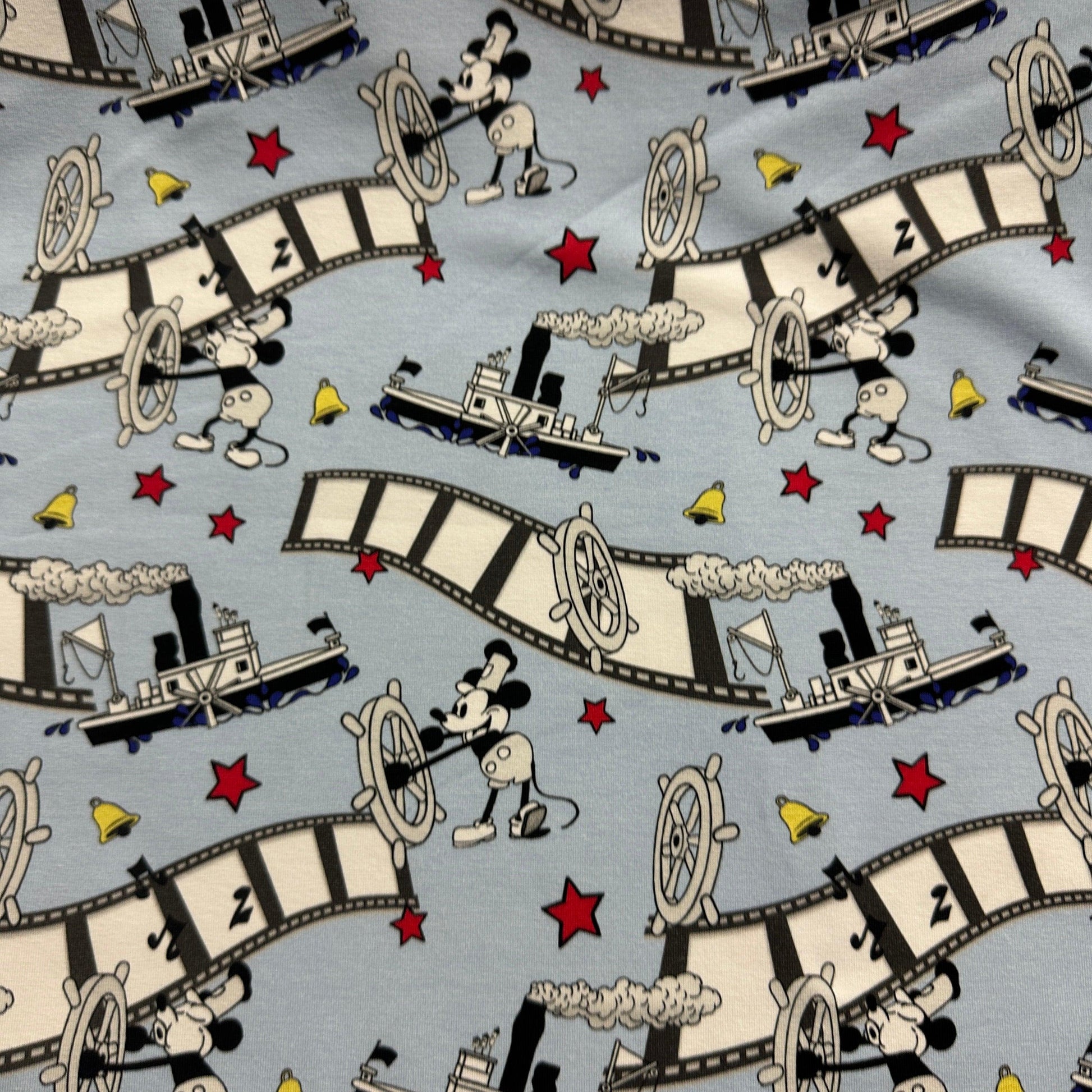 Steamboat Willie on Blue Bamboo/Spandex Jersey Fabric - Nature's Fabrics