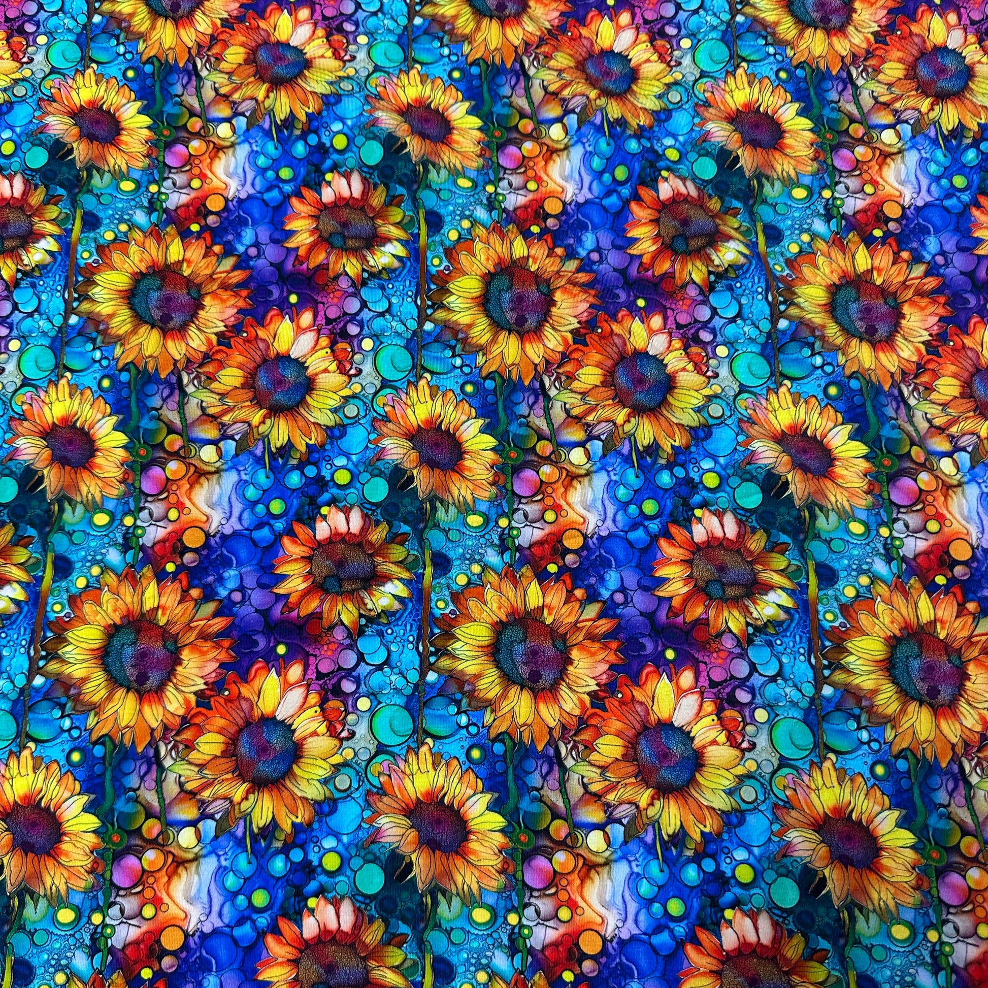 Sunflower Alcohol Ink on Bamboo/Spandex Jersey Fabric - Nature's Fabrics