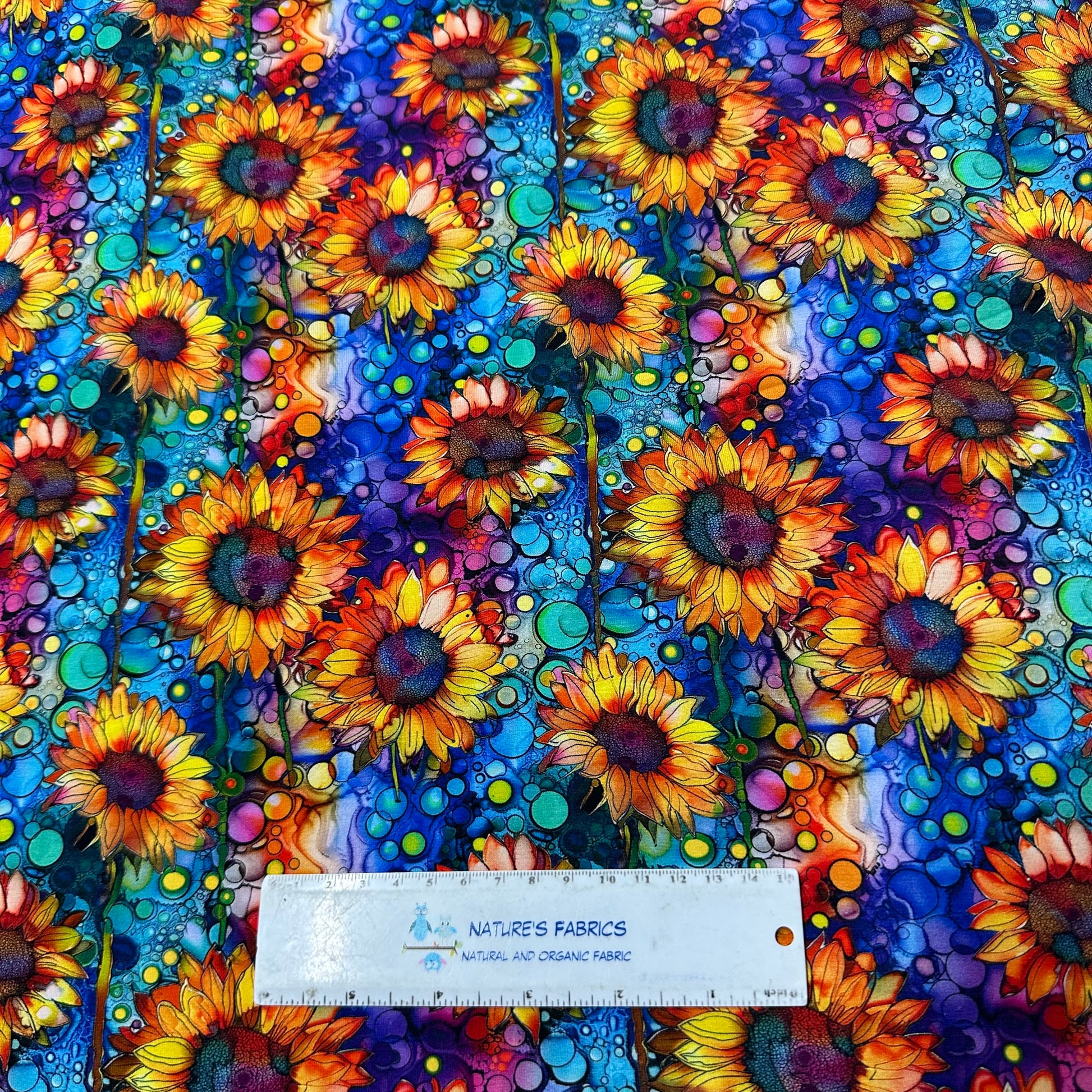 Sunflower Alcohol Ink on Bamboo/Spandex Jersey Fabric - Nature's Fabrics