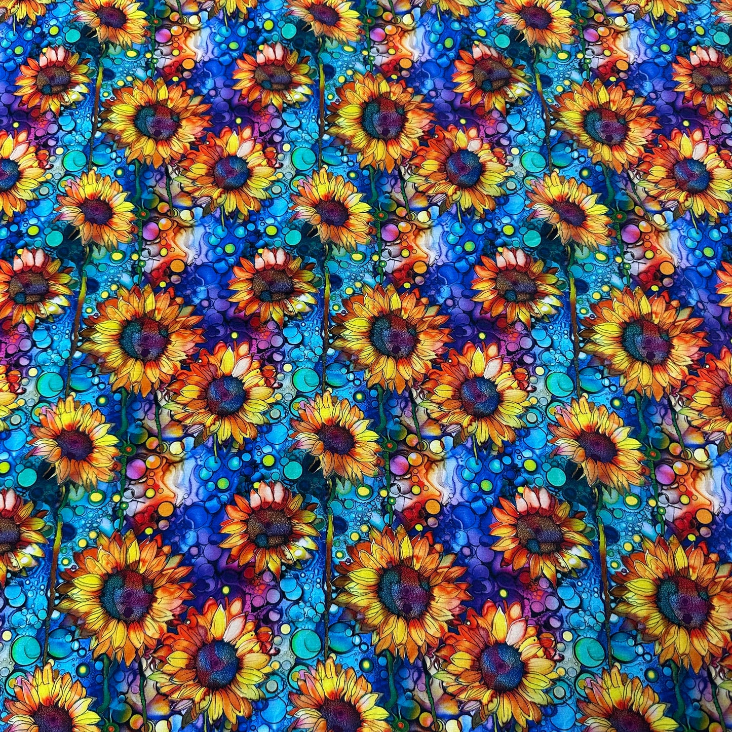 Sunflower Alcohol Ink on Bamboo/Spandex Jersey Fabric - Nature's Fabrics