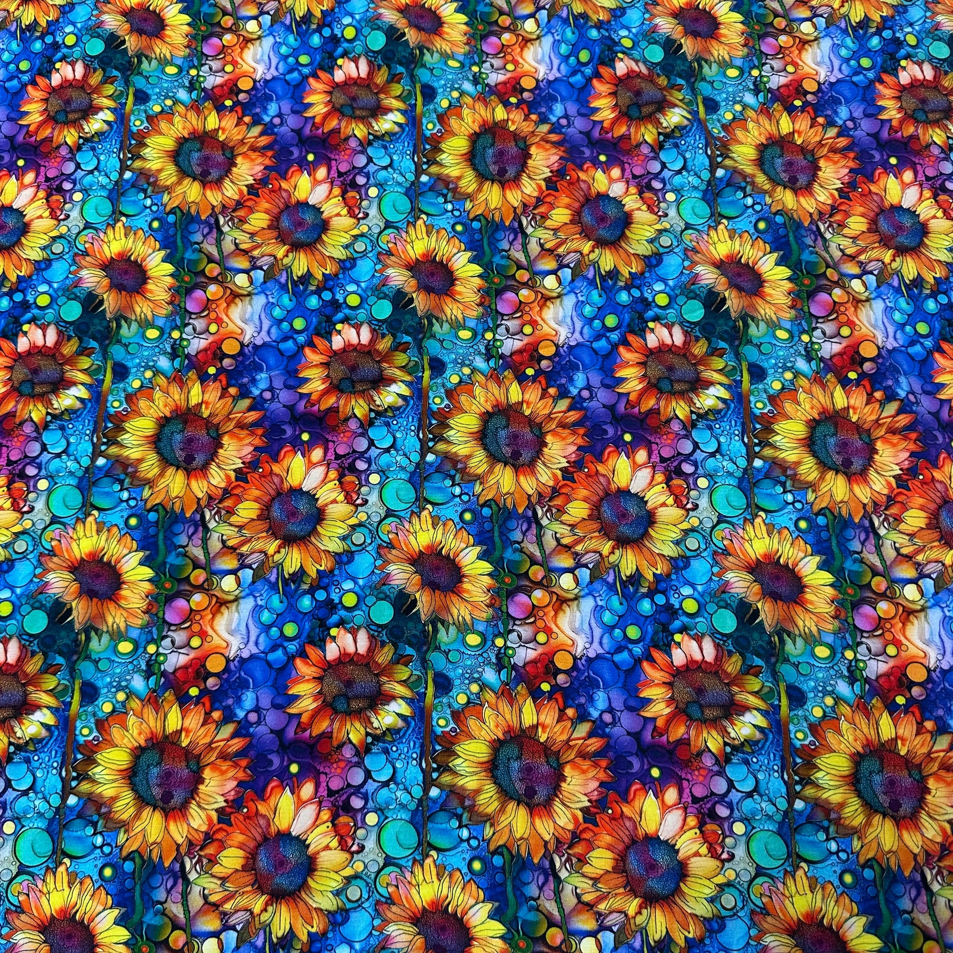 Sunflower Alcohol Ink on Bamboo/Spandex Jersey Fabric - Nature's Fabrics