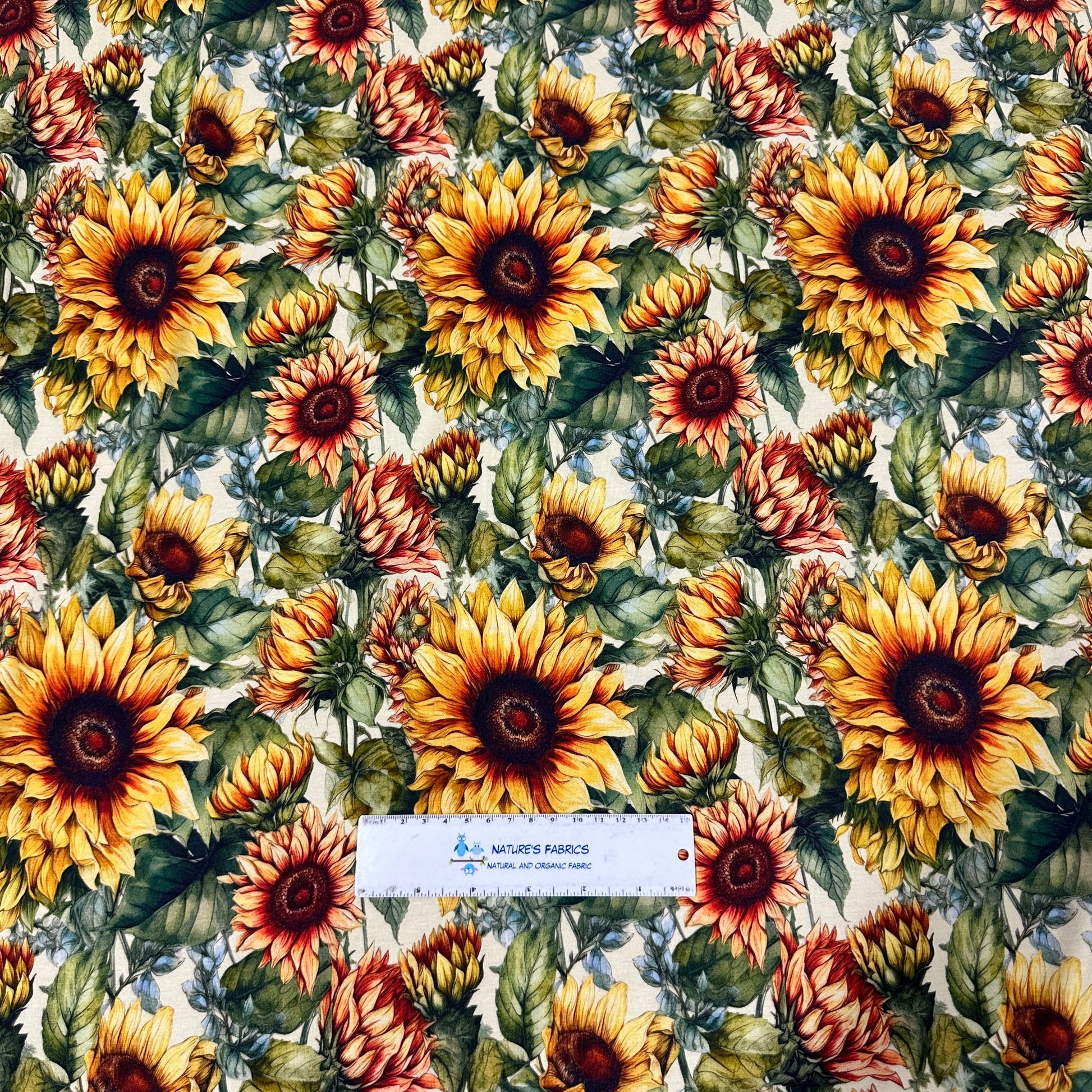Sunflowers on Cream Bamboo/Spandex Jersey Fabric - Nature's Fabrics