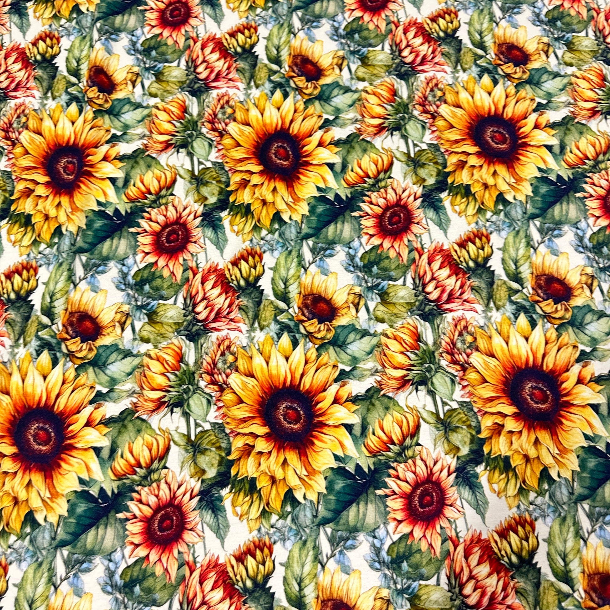 Sunflowers on Cream Bamboo/Spandex Jersey Fabric - Nature's Fabrics