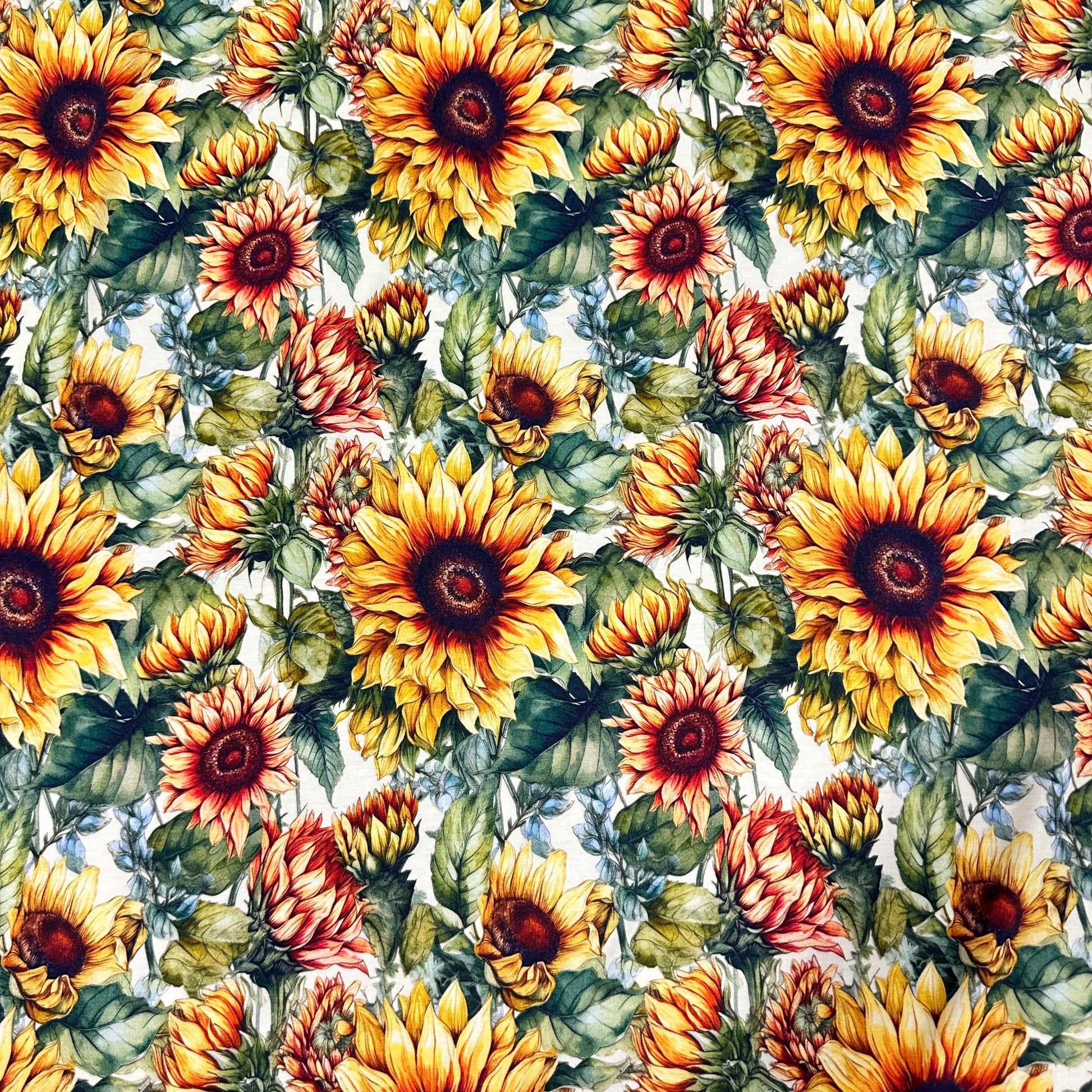 Sunflowers on Cream Bamboo/Spandex Jersey Fabric - Nature's Fabrics