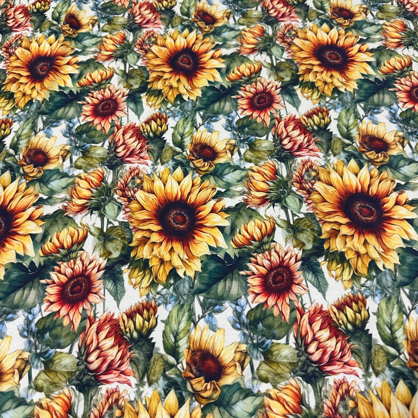 Sunflowers on Cream Bamboo/Spandex Jersey Fabric - Nature's Fabrics
