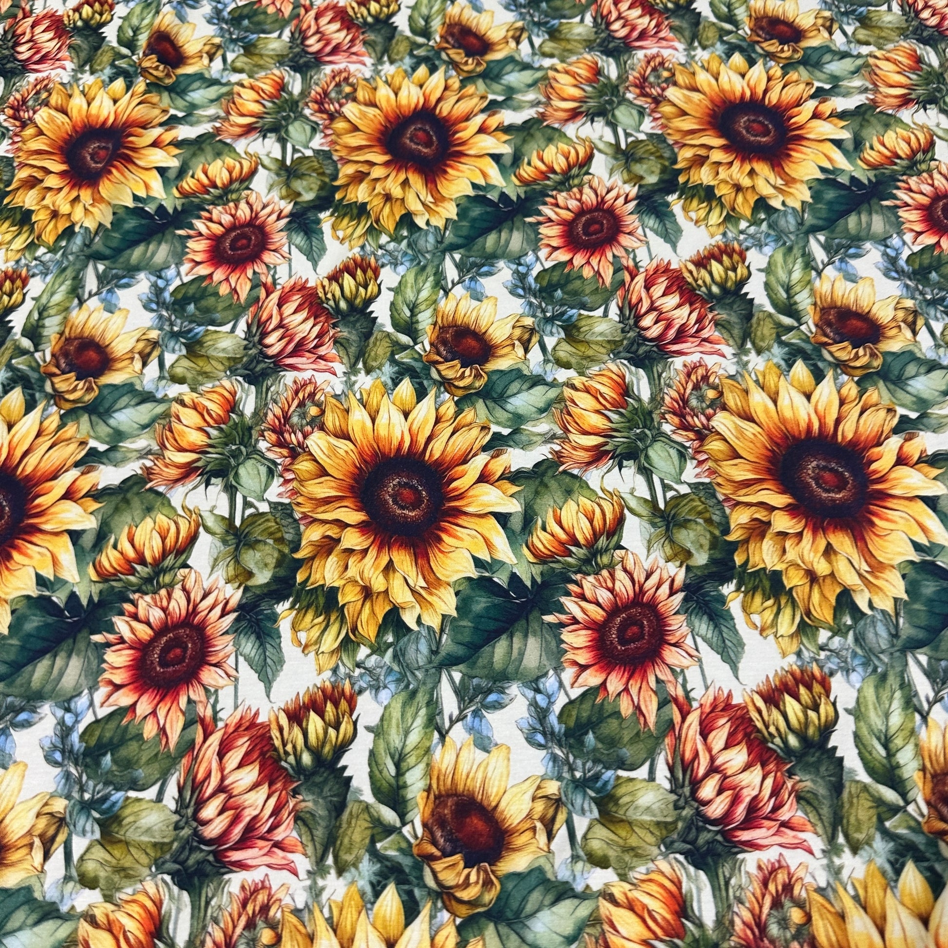Sunflowers on Cream Bamboo/Spandex Jersey Fabric - Nature's Fabrics