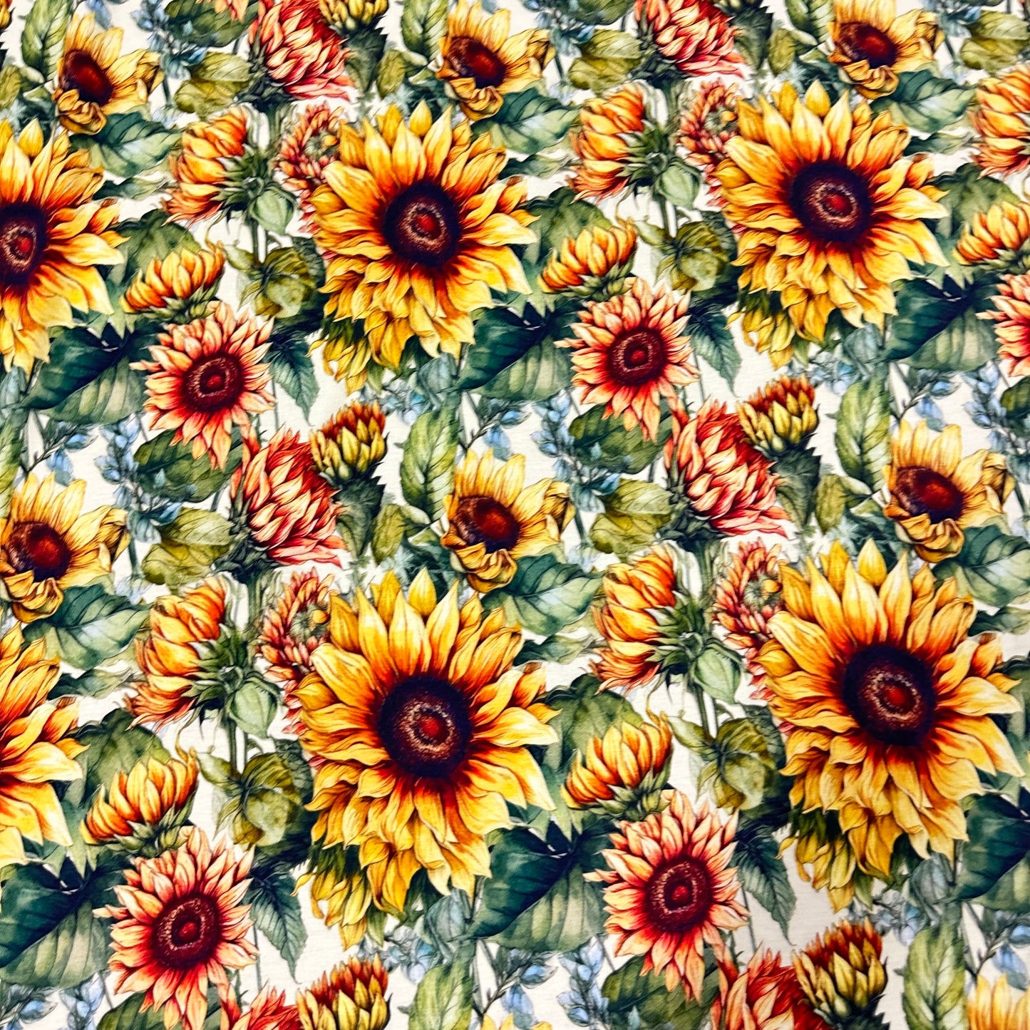 Sunflowers on Cream Bamboo/Spandex Jersey Fabric - Nature's Fabrics