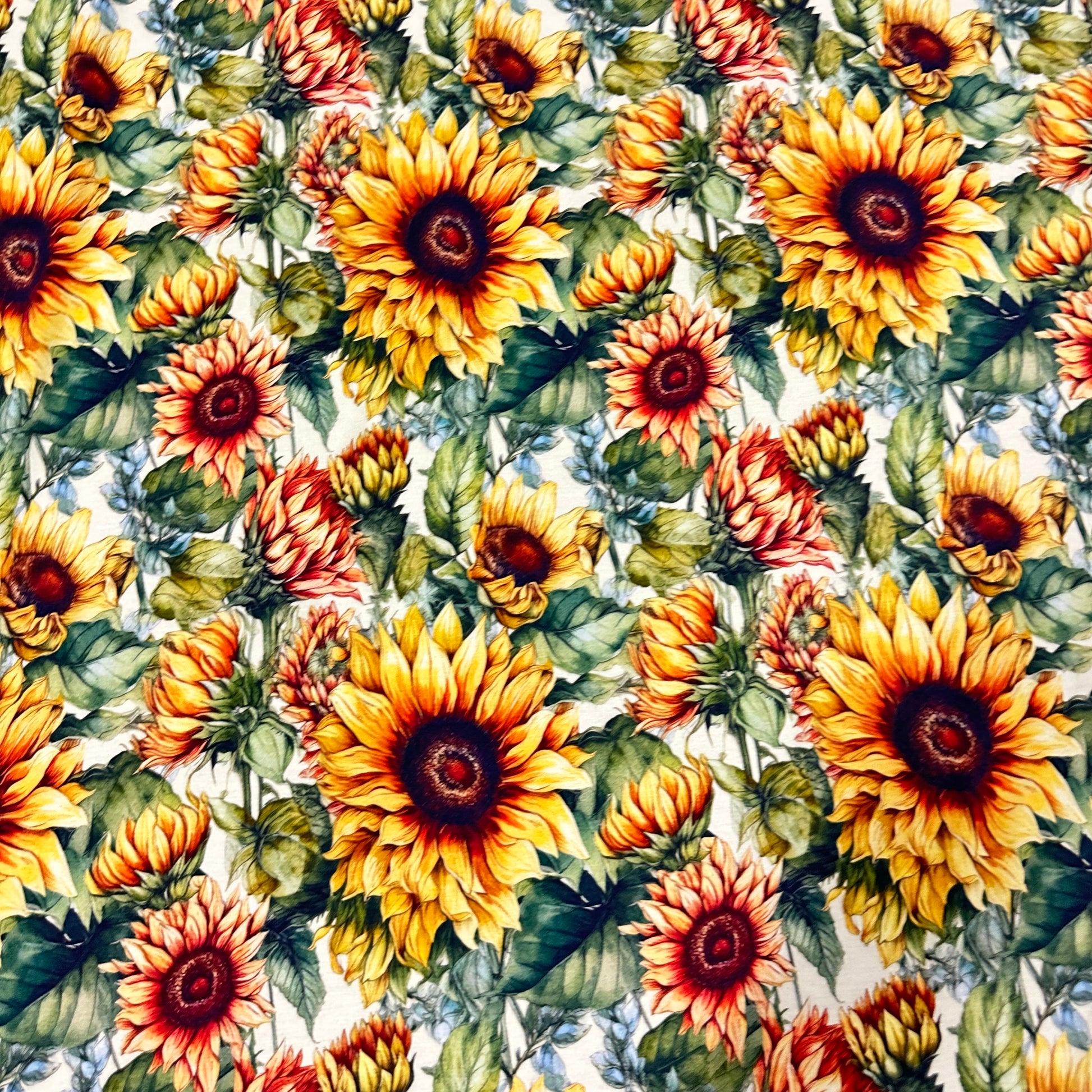 Sunflowers on Cream Bamboo/Spandex Jersey Fabric - Nature's Fabrics