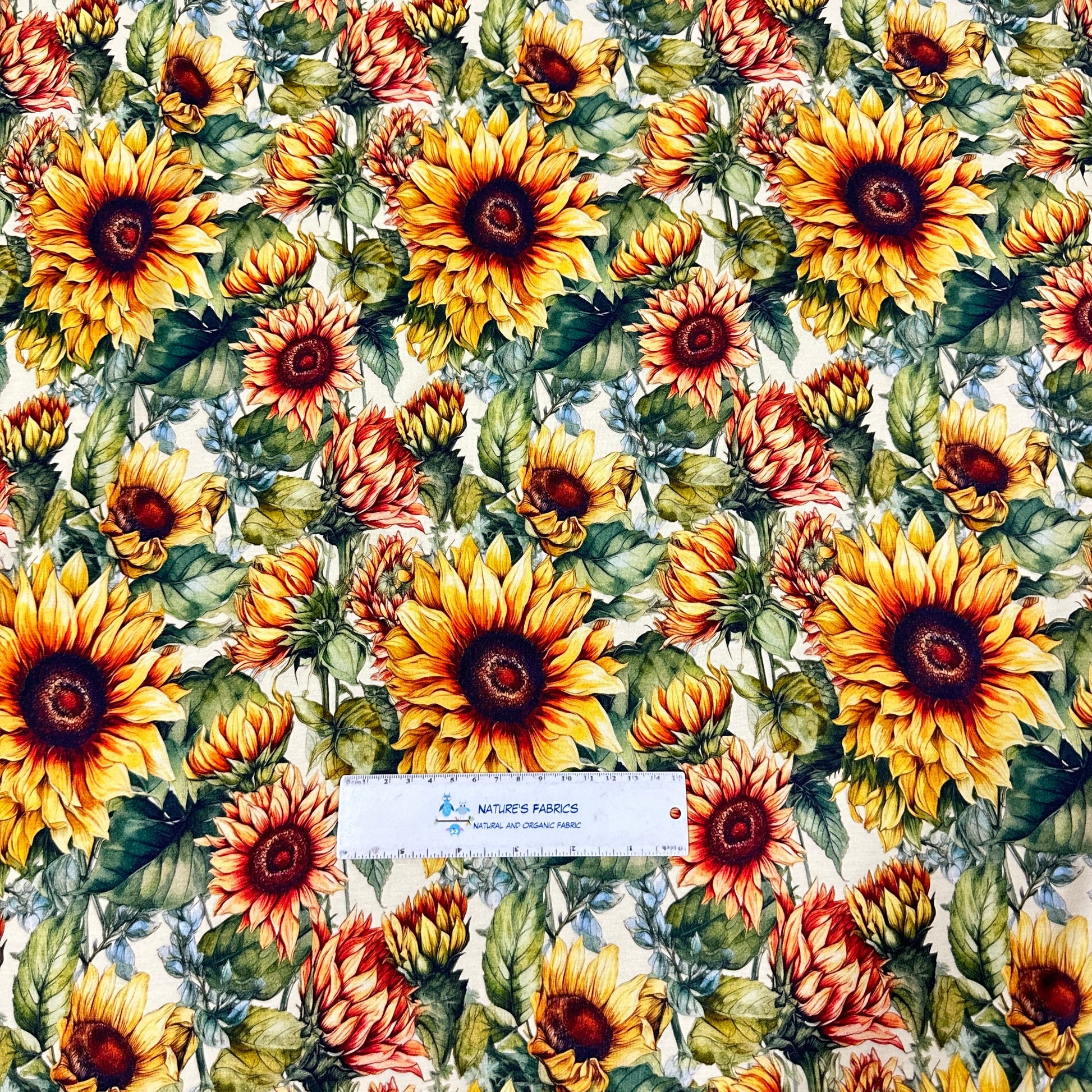 Sunflowers on Cream Bamboo/Spandex Jersey Fabric - Nature's Fabrics
