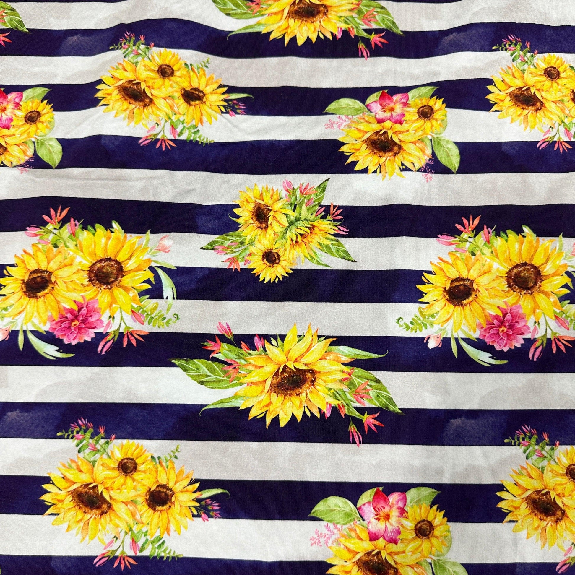 Sunflowers on Navy Stripe Cotton/Spandex Jersey Fabric - Nature's Fabrics