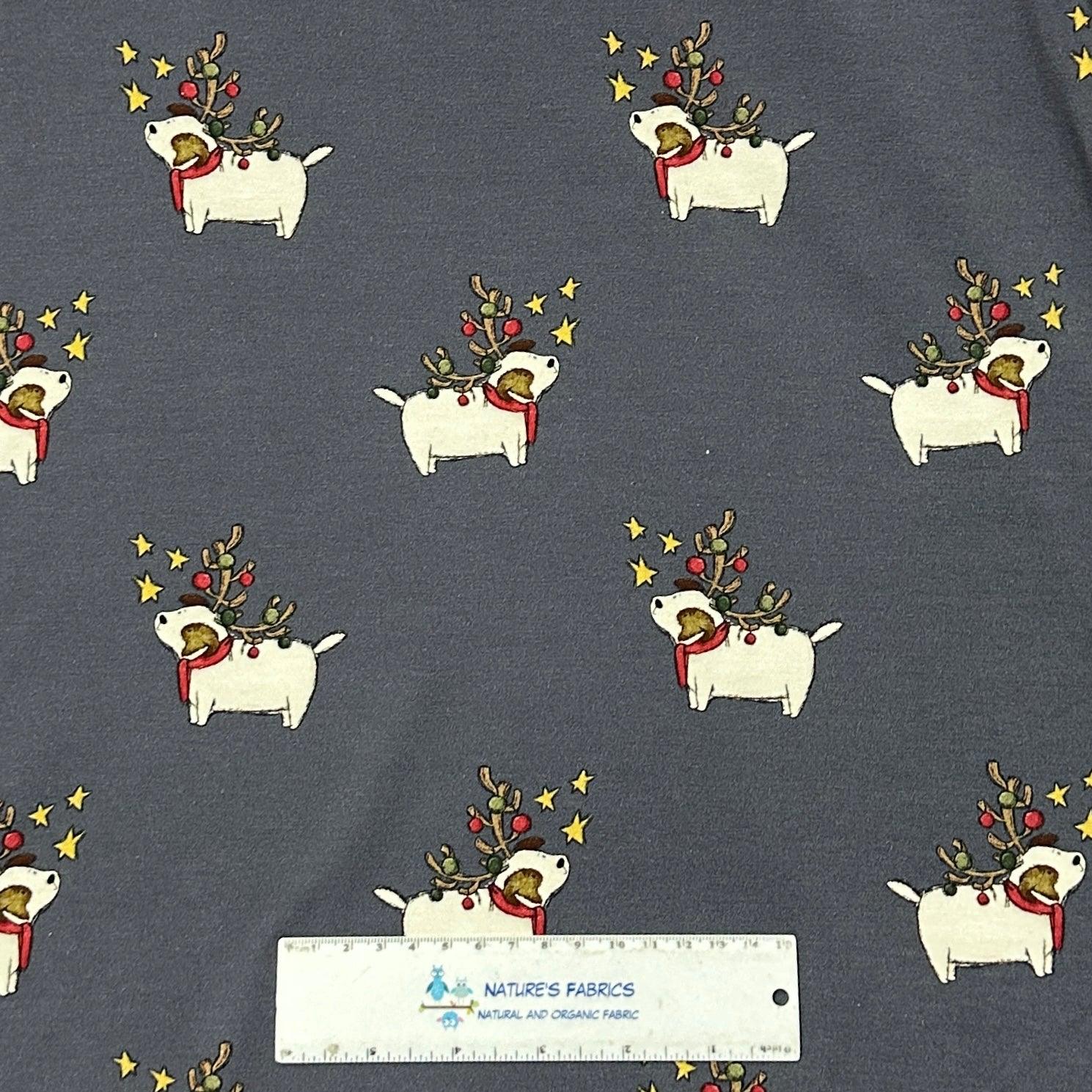 Terrier Christmas on Blue Bamboo/Spandex Jersey Fabric - Nature's Fabrics