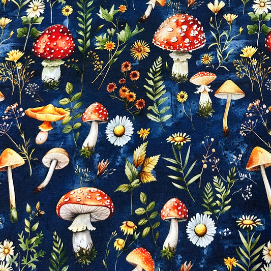 Toadstools on Blue Bamboo/Spandex Jersey Fabric - Nature's Fabrics