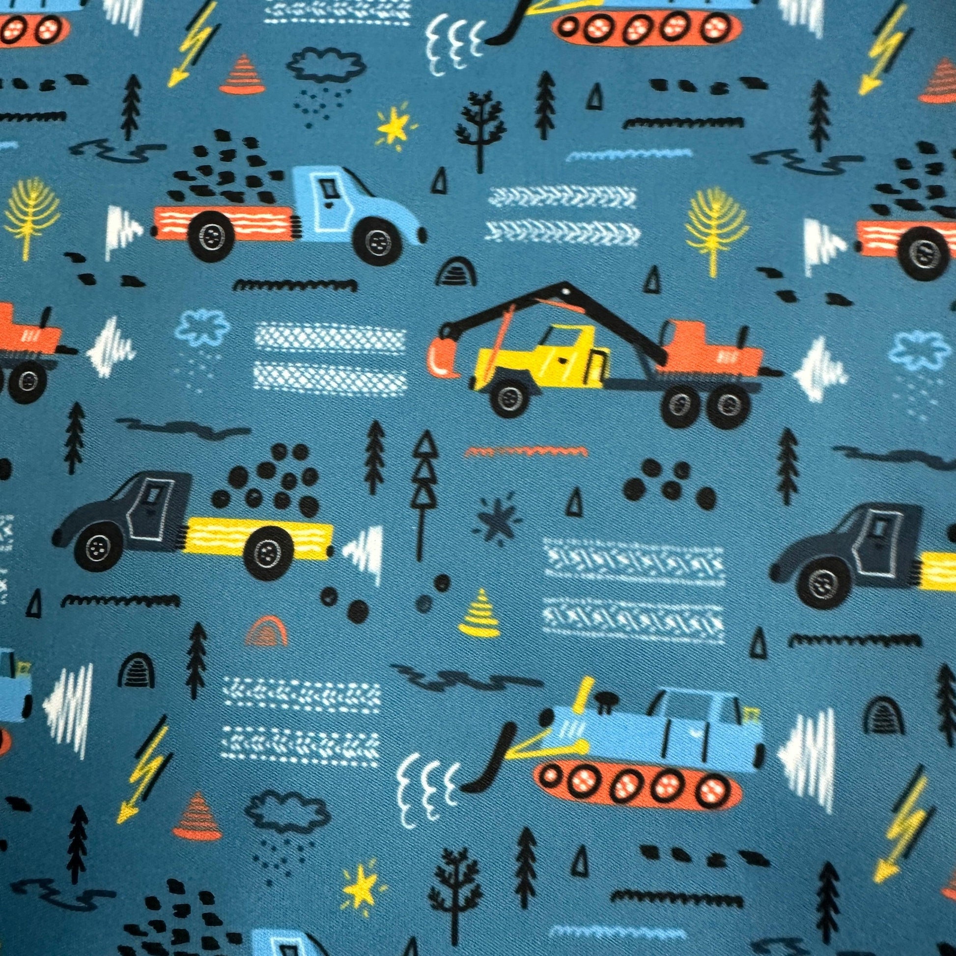 Trucks and Bulldozers on 1 mil PUL Fabric - Made in the USA - Nature's Fabrics