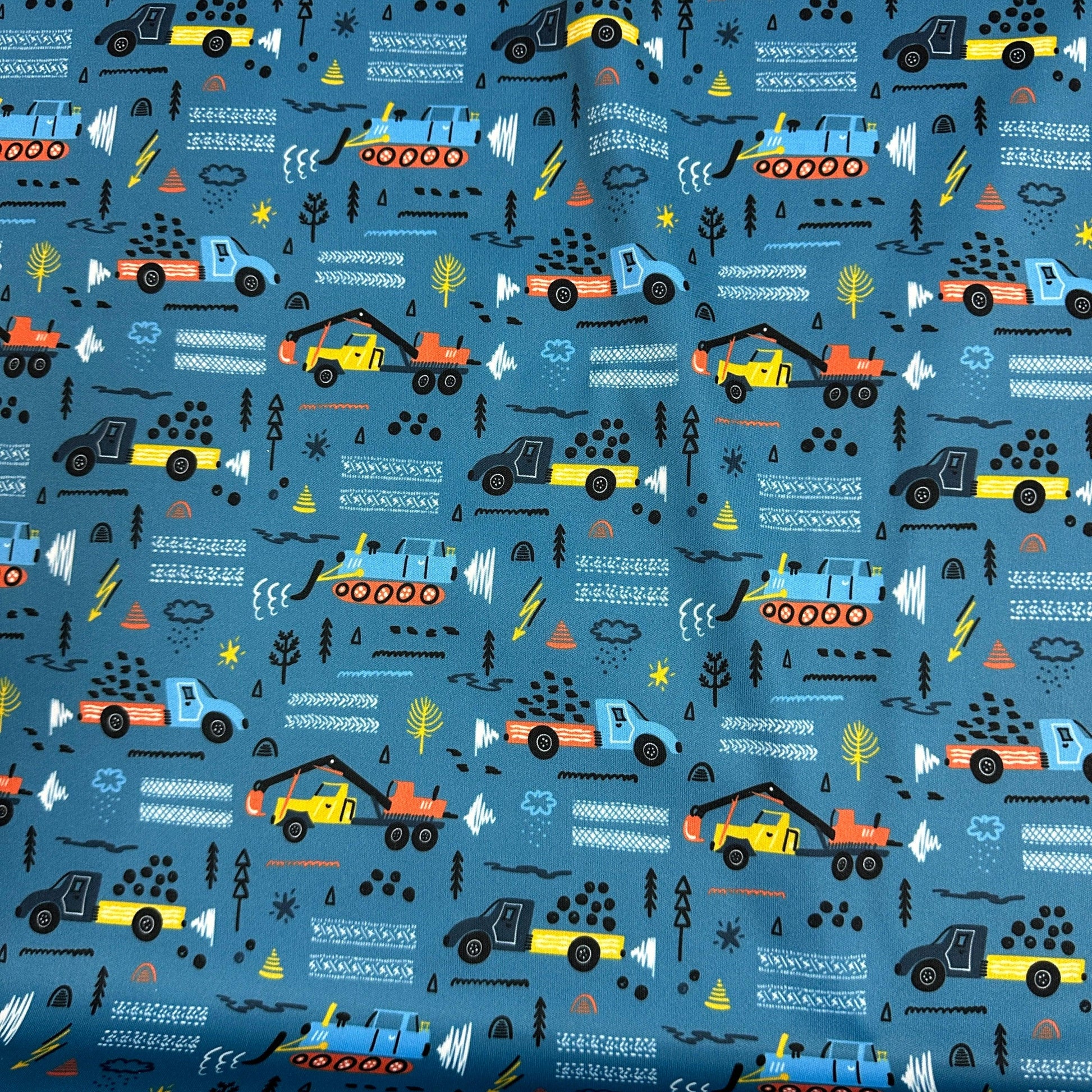 Trucks and Bulldozers on 1 mil PUL Fabric - Made in the USA - Nature's Fabrics