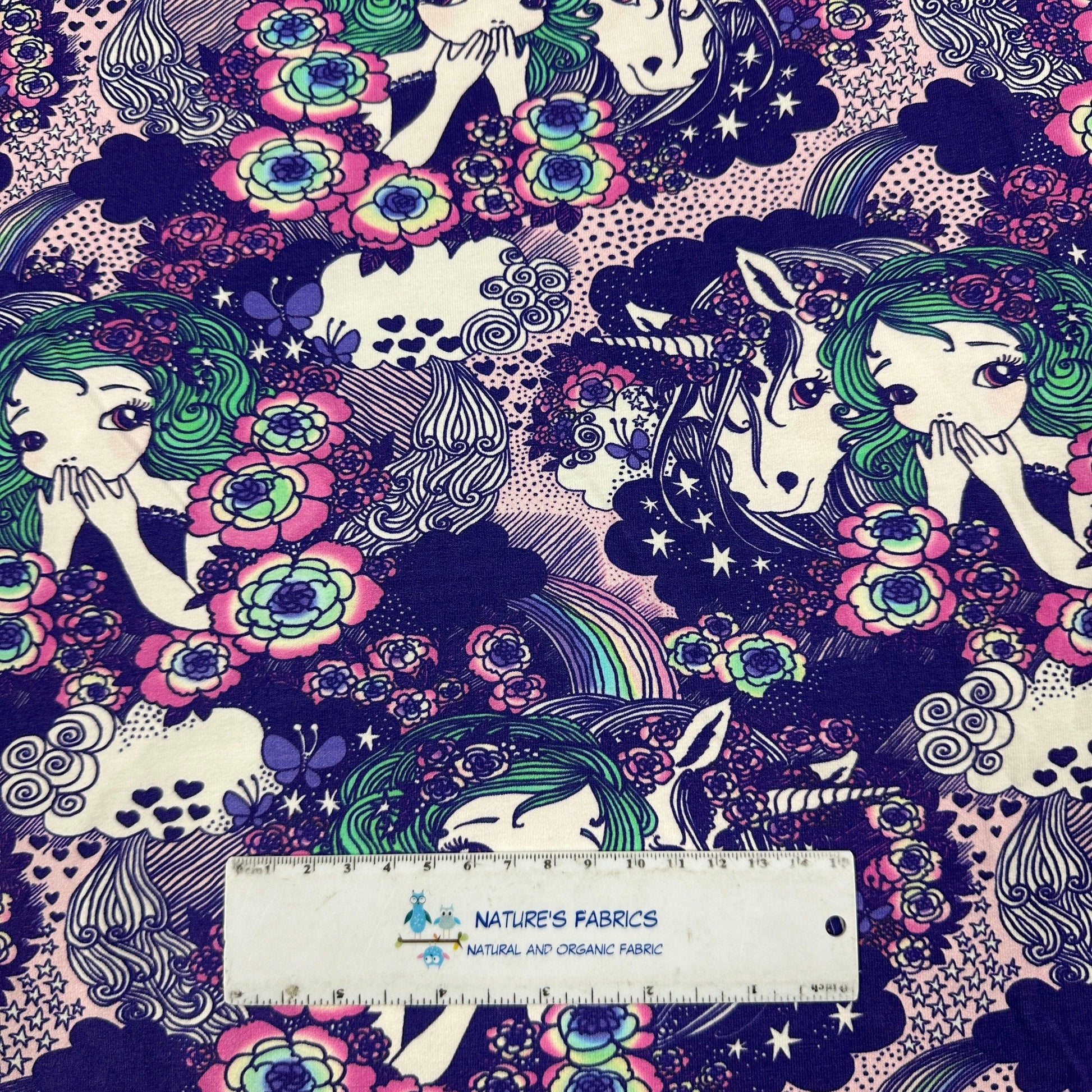 Unicorn Girl on Purple Cotton/Spandex Jersey Fabric - Nature's Fabrics