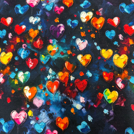 Vibrant Oil Painted Hearts on Bamboo/Spandex Jersey Fabric - Nature's Fabrics