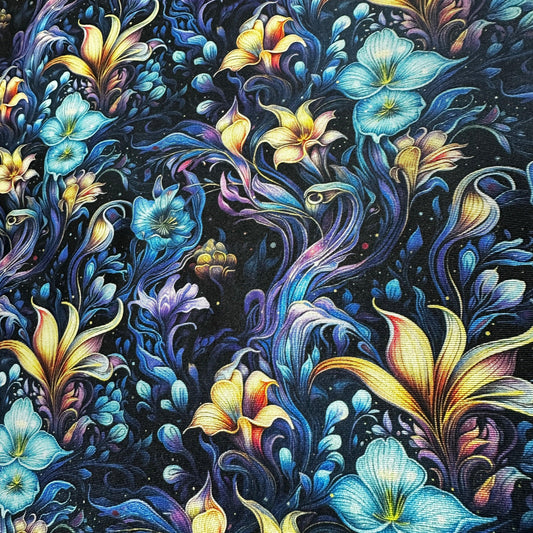 Vivid Floral Bioluminescence on Double Brushed Polyester Jersey Fabric - Nature's Fabrics