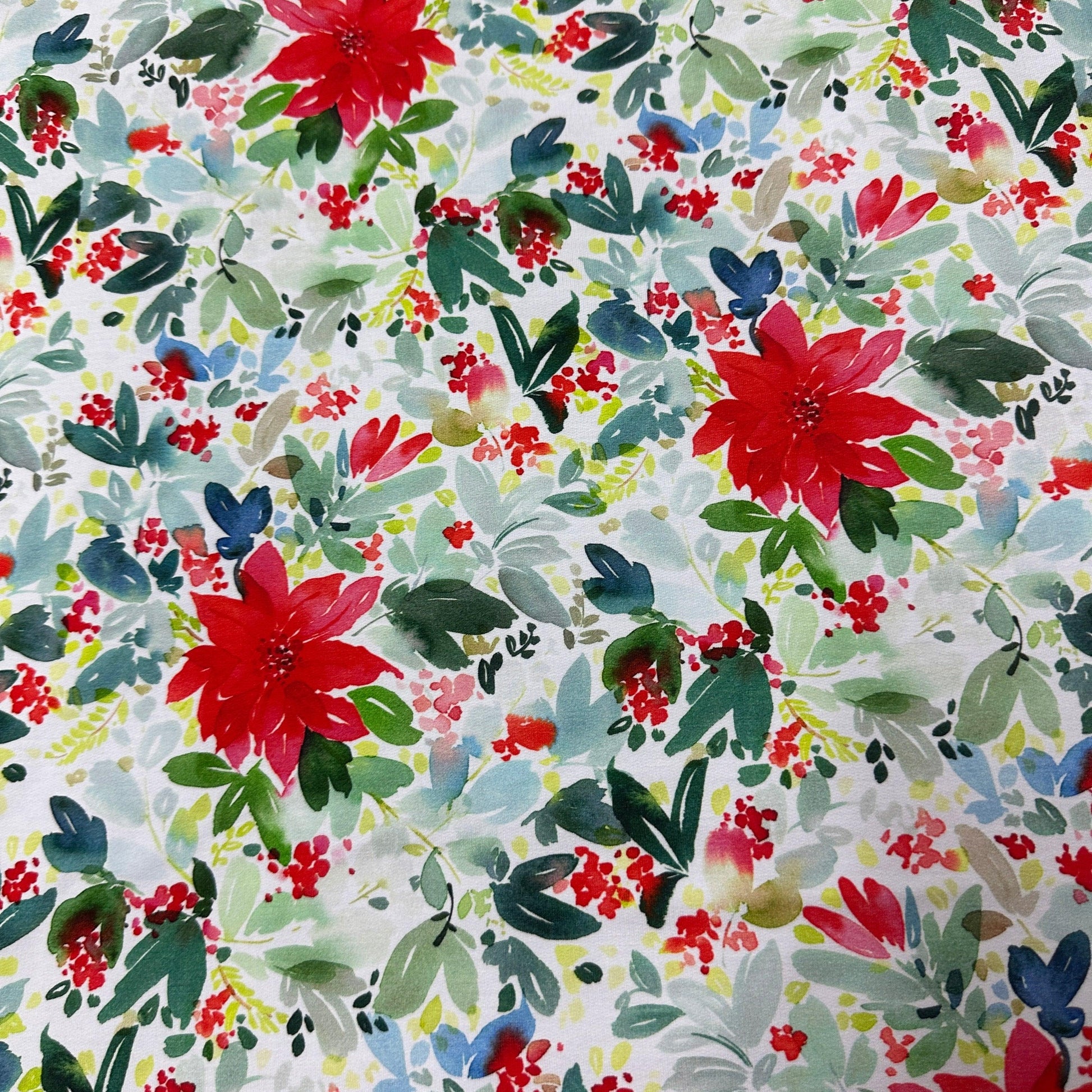 Watercolor Poinsettias on Bamboo Stretch French Terry Fabric - Nature's Fabrics