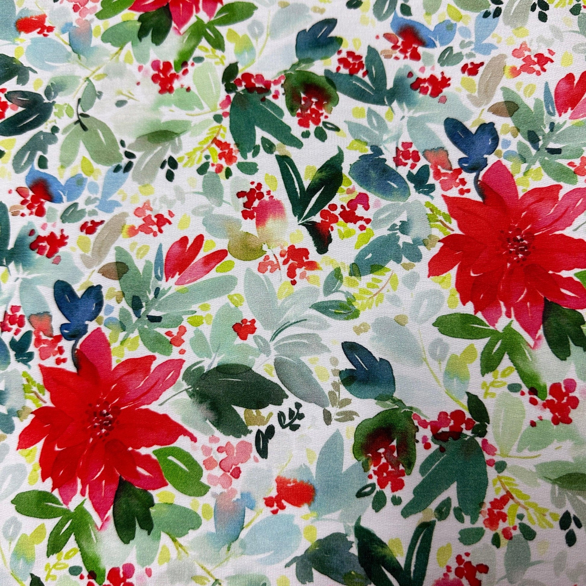 Watercolor Poinsettias on Bamboo Stretch French Terry Fabric - Nature's Fabrics