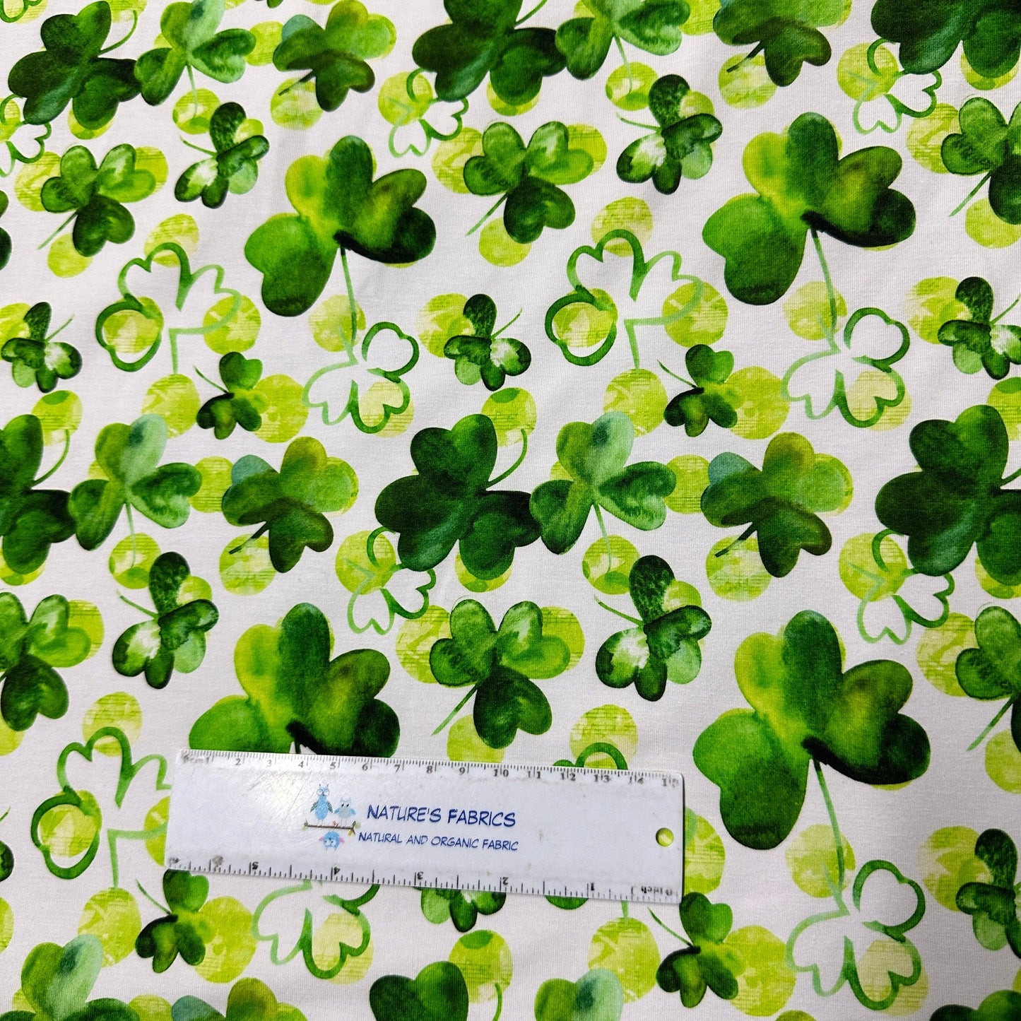 Watercolor Shamrocks on White Bamboo/Spandex Jersey Fabric - Nature's Fabrics