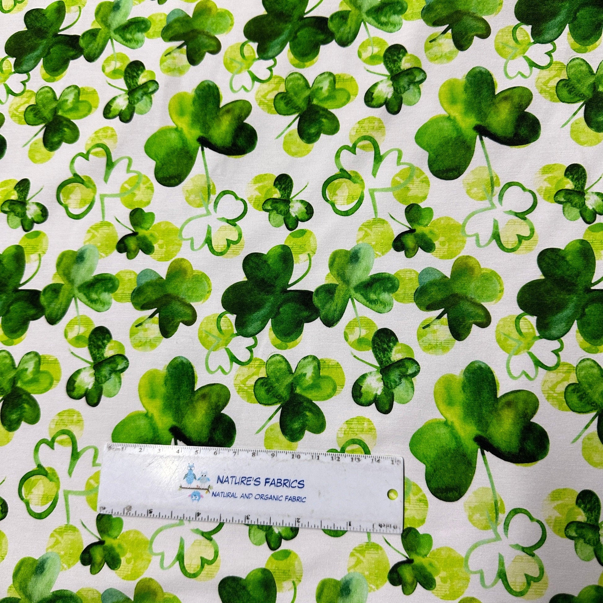 Watercolor Shamrocks on White Bamboo/Spandex Jersey Fabric - Nature's Fabrics