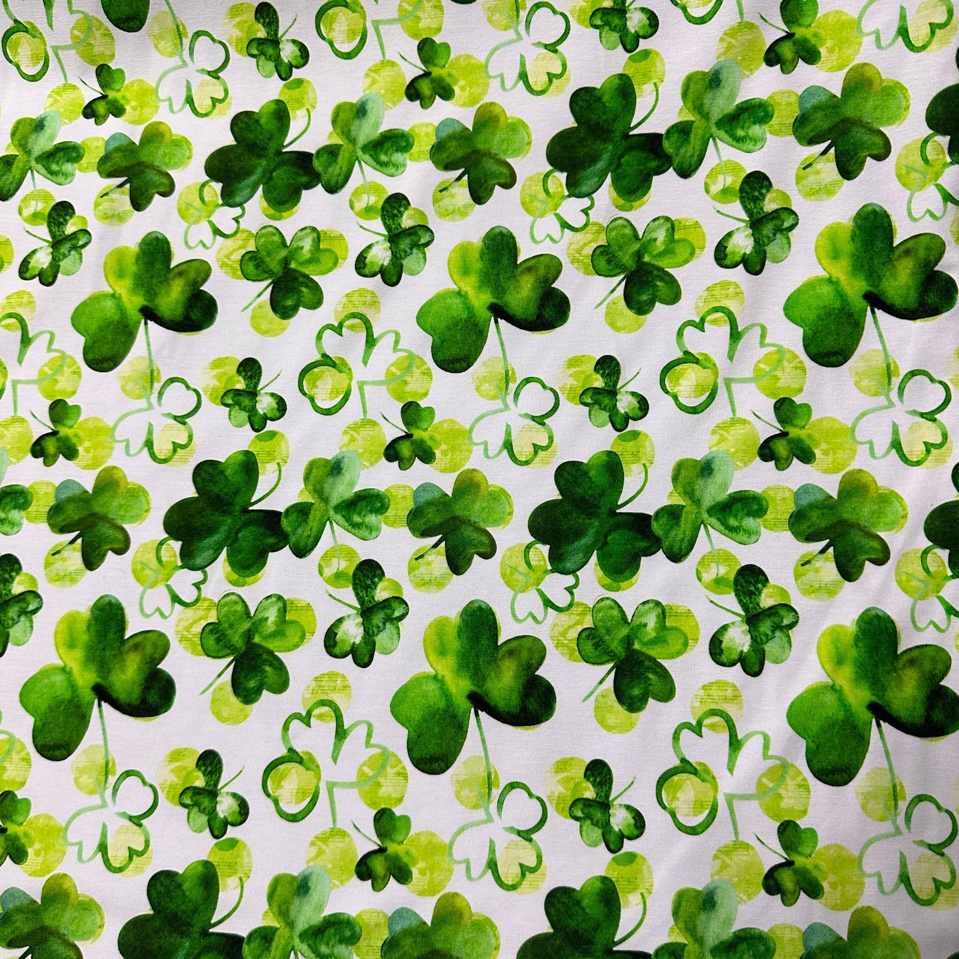 Watercolor Shamrocks on White Bamboo/Spandex Jersey Fabric - Nature's Fabrics