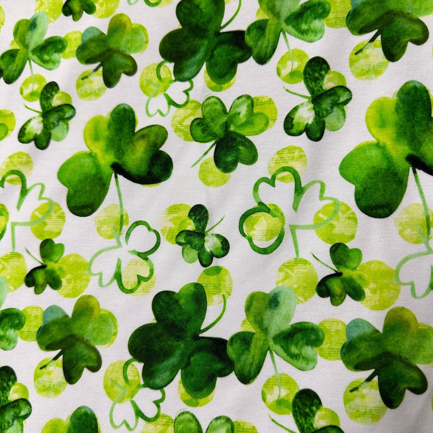 Watercolor Shamrocks on White Bamboo/Spandex Jersey Fabric - Nature's Fabrics