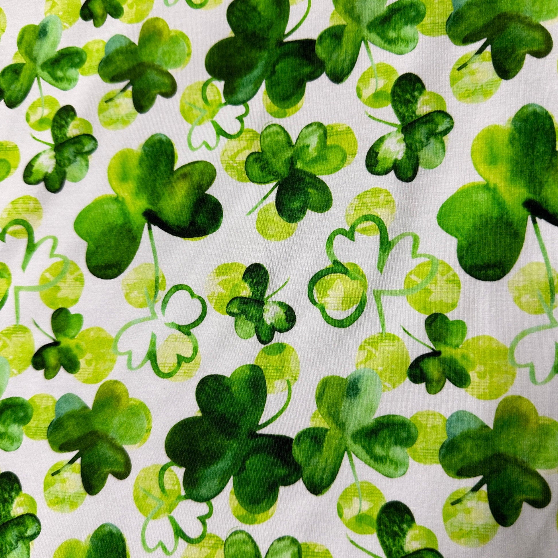 Watercolor Shamrocks on White Bamboo/Spandex Jersey Fabric - Nature's Fabrics