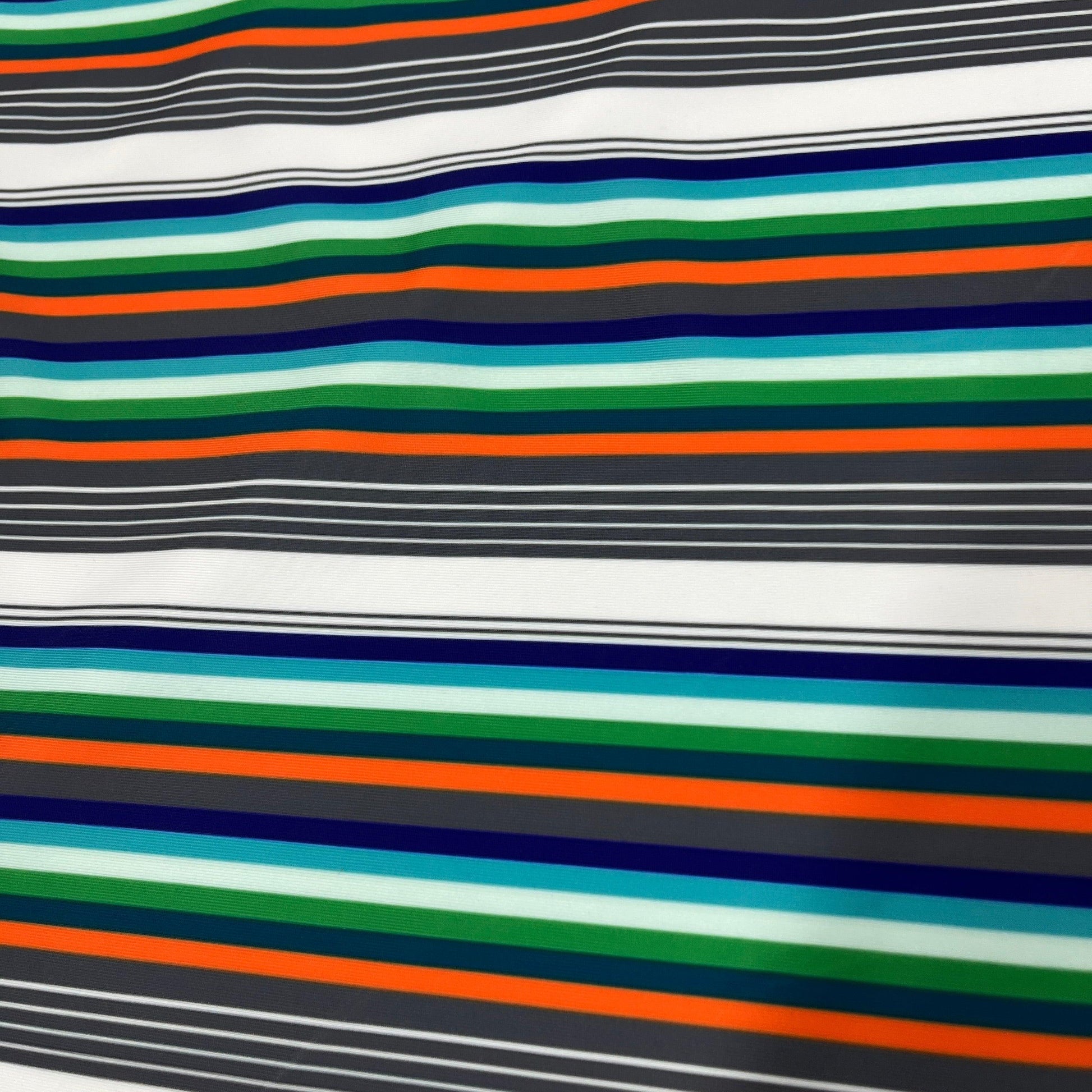 White, Orange and Green Stripes on Athletic Jersey Fabric - Nature's Fabrics